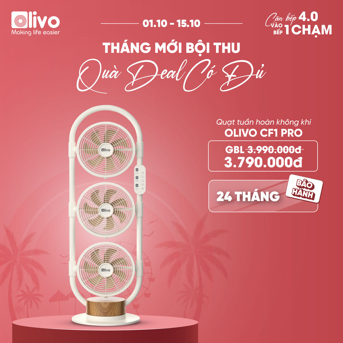 Quạt Tuần Hoàn Không Khí OLIVO CF1 PRO - Bộ 03 Lồng Quạt Hoạt Động Độc Lập, Góc Quay 240°, Tích Hợp Ngăn Chứa Tinh Dầu Thơm, Êm Ái