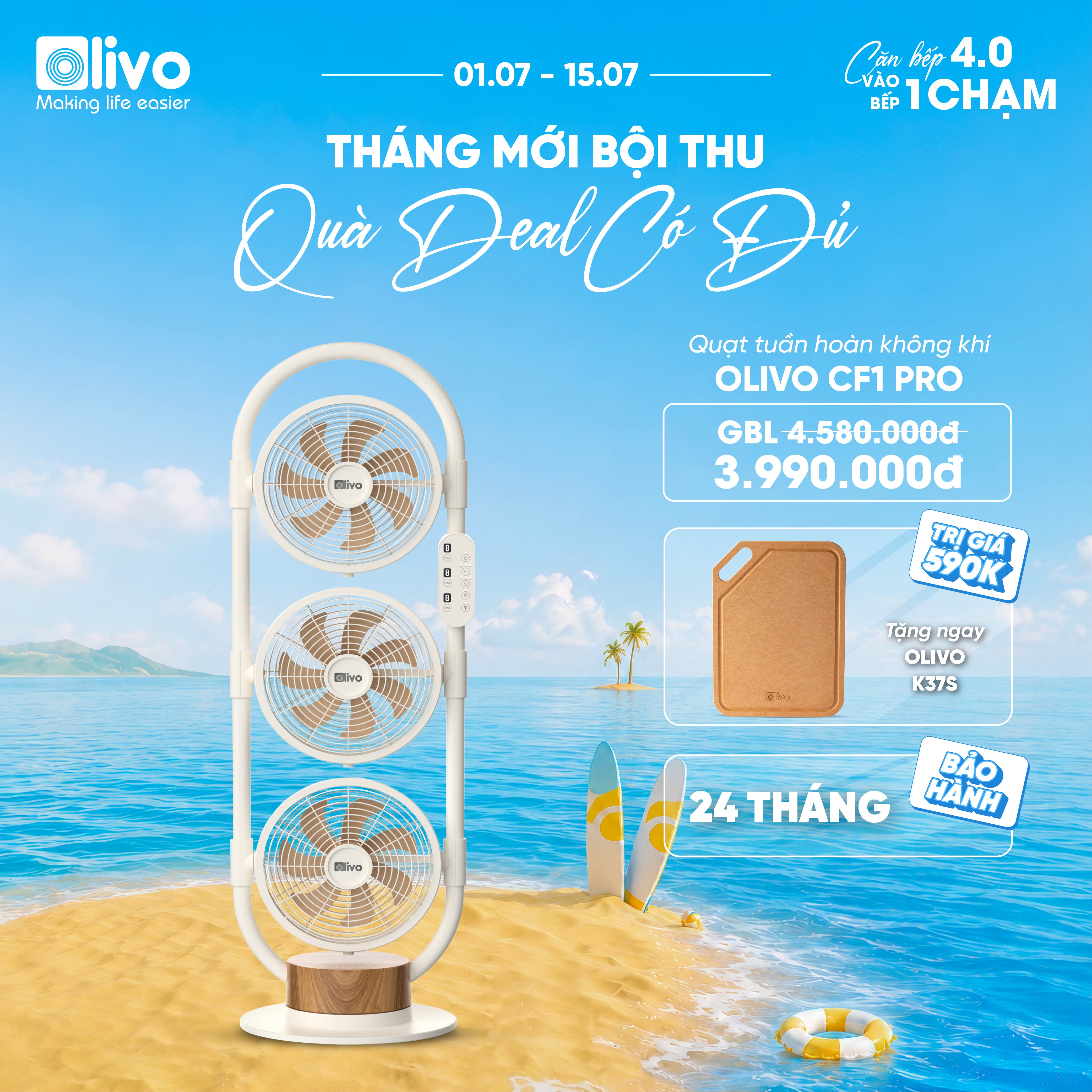 Quạt Tuần Hoàn Không Khí OLIVO CF1 PRO - Bộ 03 Lồng Quạt Hoạt Động Độc Lập, Góc Quay 240°, Tích Hợp Ngăn Chứa Tinh Dầu Thơm, Êm Ái