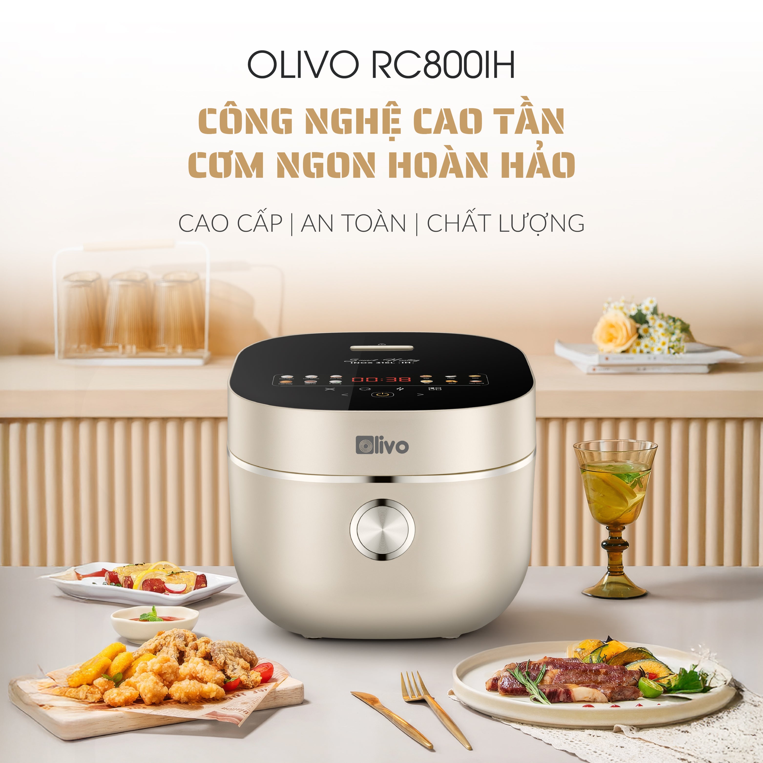 Nồi Cơm Điện Cao Tần OLIVO RC800IH - Công Nghệ Nấu Cao Tần Smart Heating, Lòng Nồi INOX 316L, 14 Chế Độ Cài Sẵn, Dung Tích 1.5L, Bảng Điều Khiển OLED