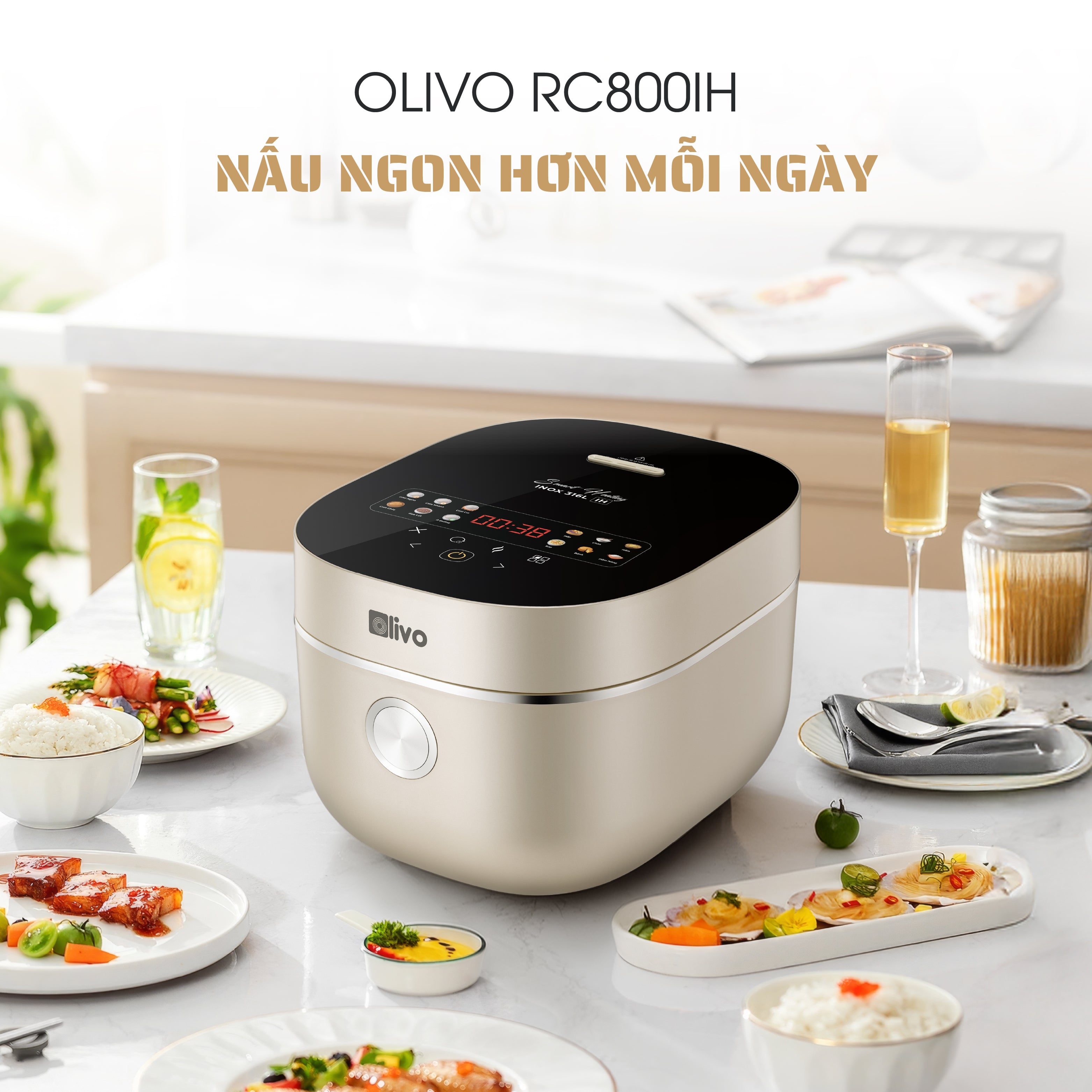 Nồi Cơm Điện Cao Tần OLIVO RC800IH - Công Nghệ Nấu Cao Tần Smart Heating, Lòng Nồi INOX 316L, 14 Chế Độ Cài Sẵn, Dung Tích 1.5L, Bảng Điều Khiển OLED