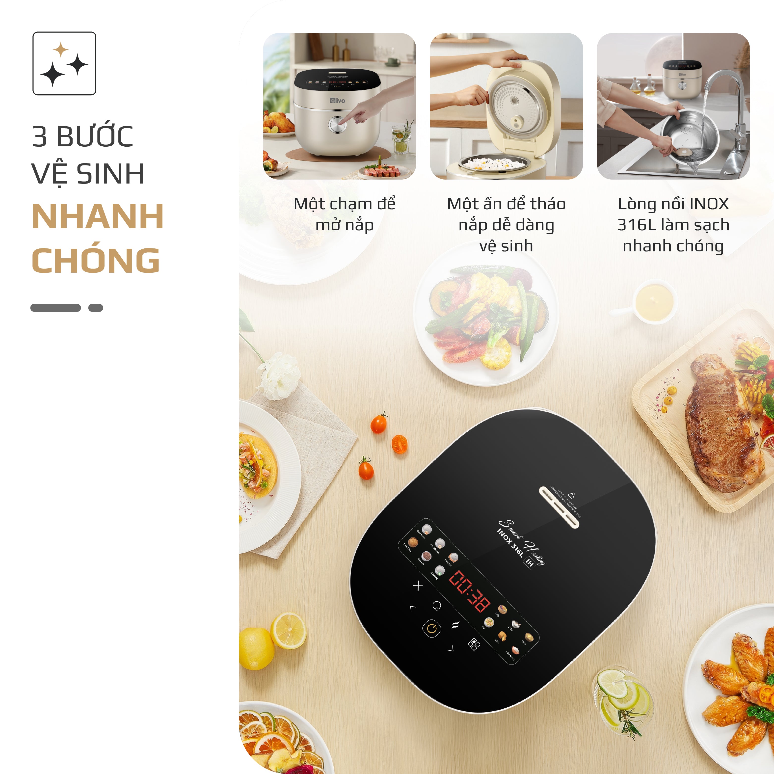 Nồi Cơm Điện Cao Tần OLIVO RC800IH - Công Nghệ Nấu Cao Tần Smart Heating, Lòng Nồi INOX 316L, 14 Chế Độ Cài Sẵn, Dung Tích 1.5L, Bảng Điều Khiển OLED