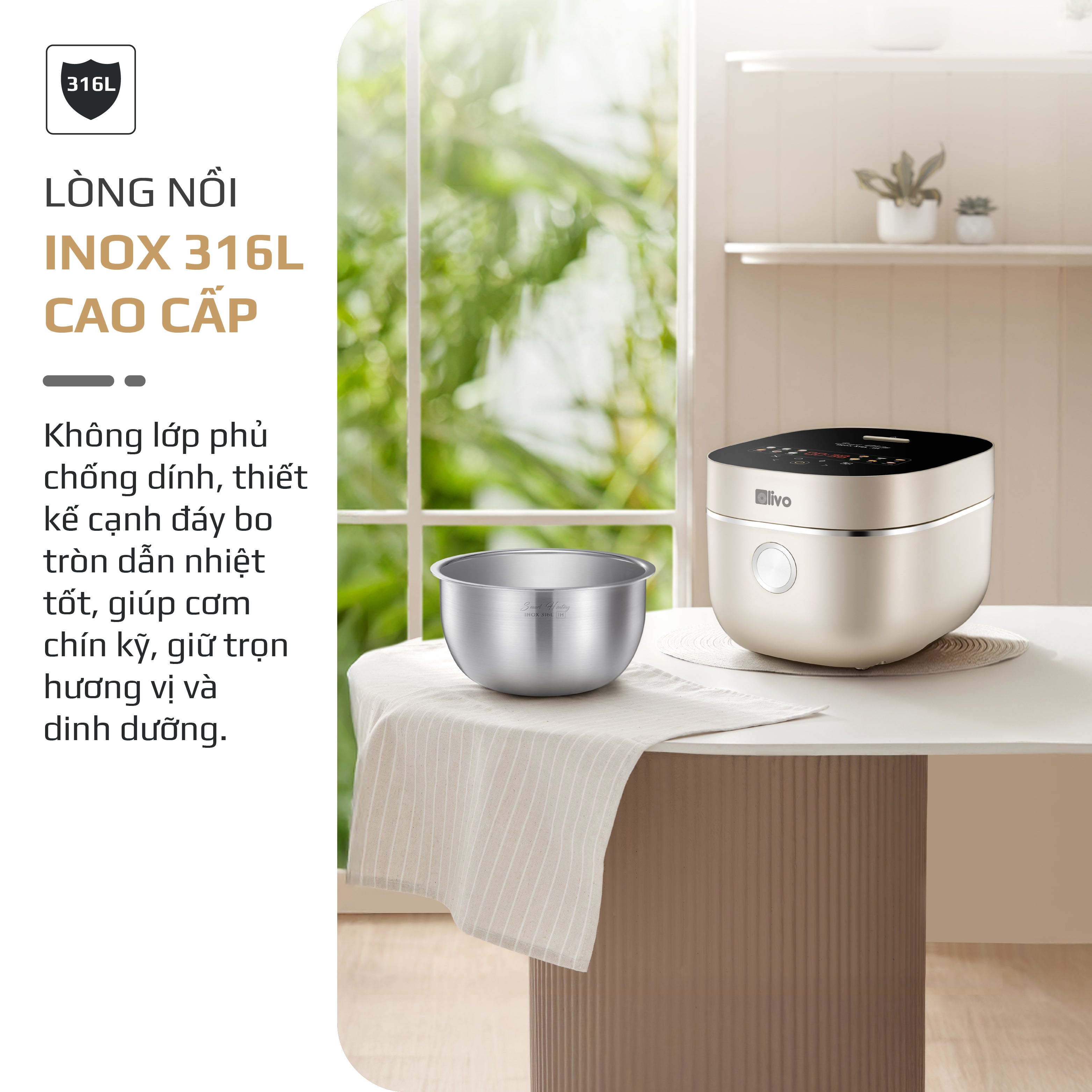 Nồi Cơm Điện Cao Tần OLIVO RC800IH - Công Nghệ Nấu Cao Tần Smart Heating, Lòng Nồi INOX 316L, 14 Chế Độ Cài Sẵn, Dung Tích 1.5L, Bảng Điều Khiển OLED