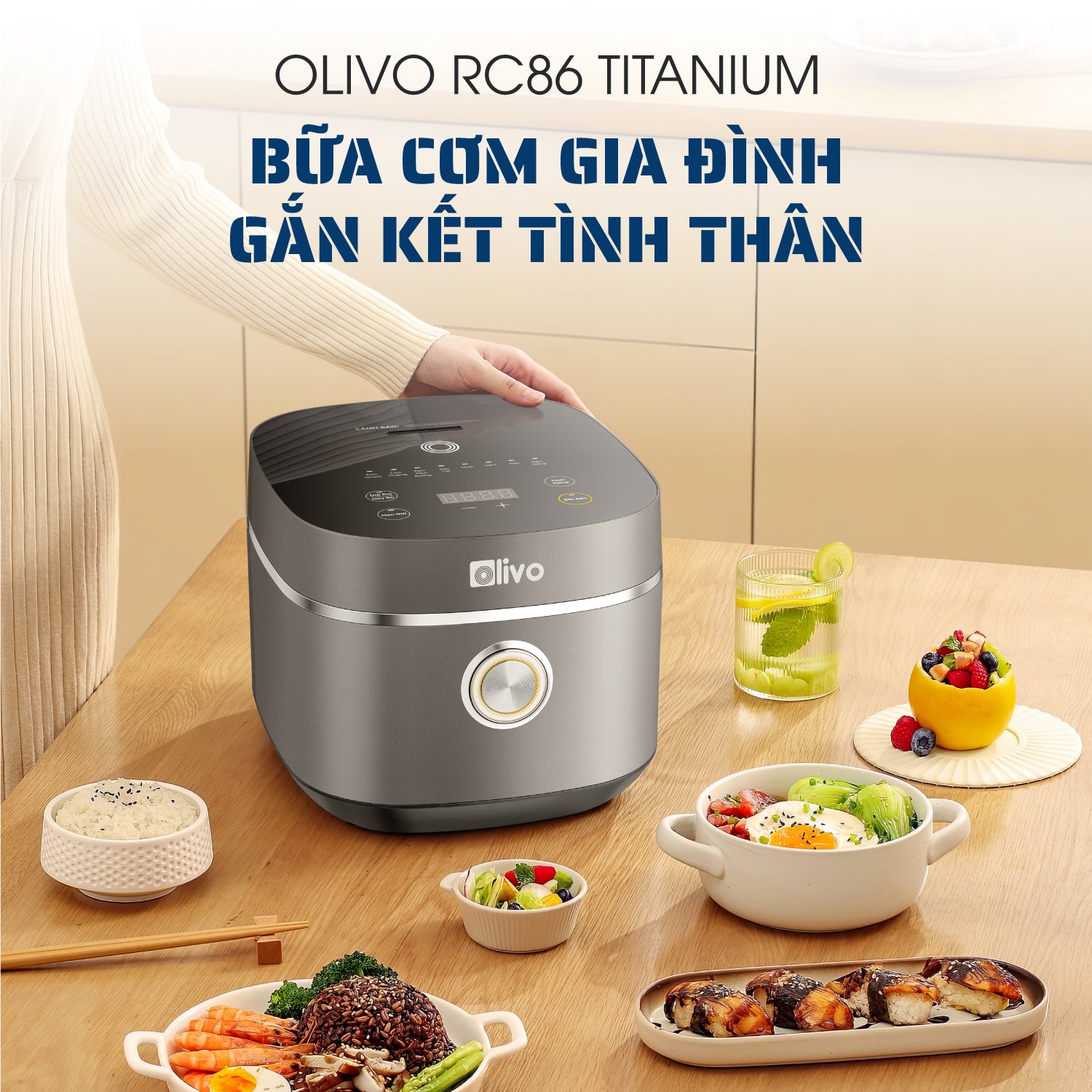 Nồi Cơm Điện OLIVO RC86 Titanium - Lòng Nồi INOX 304 Chống Dính Tự Nhiên, Nấu Cơm Ngon, Thiết Kế Tinh Tế, Sang Trọng