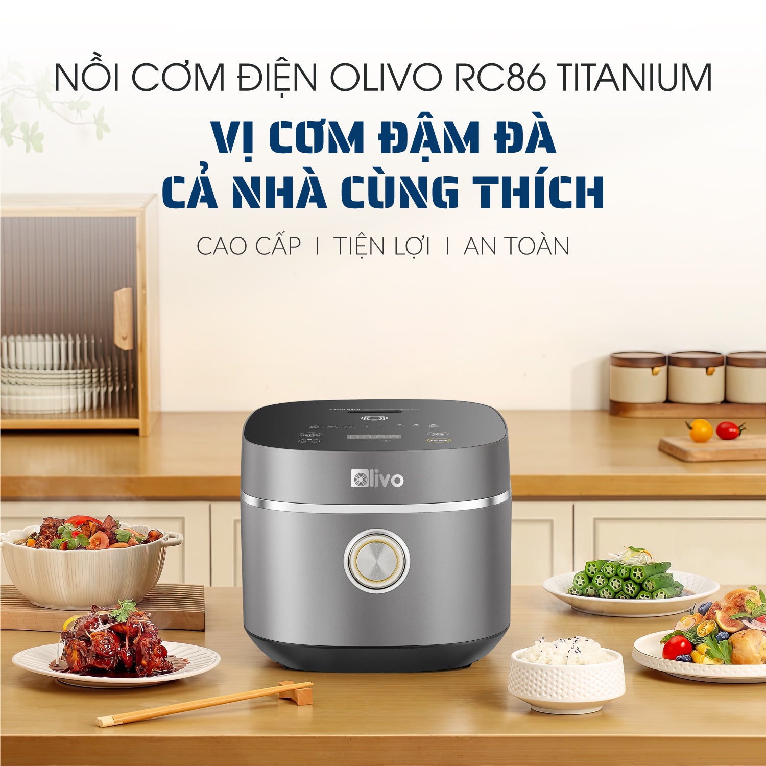 Nồi Cơm Điện OLIVO RC86 Titanium - Lòng Nồi INOX 304 Chống Dính Tự Nhiên, Nấu Cơm Ngon, Thiết Kế Tinh Tế, Sang Trọng