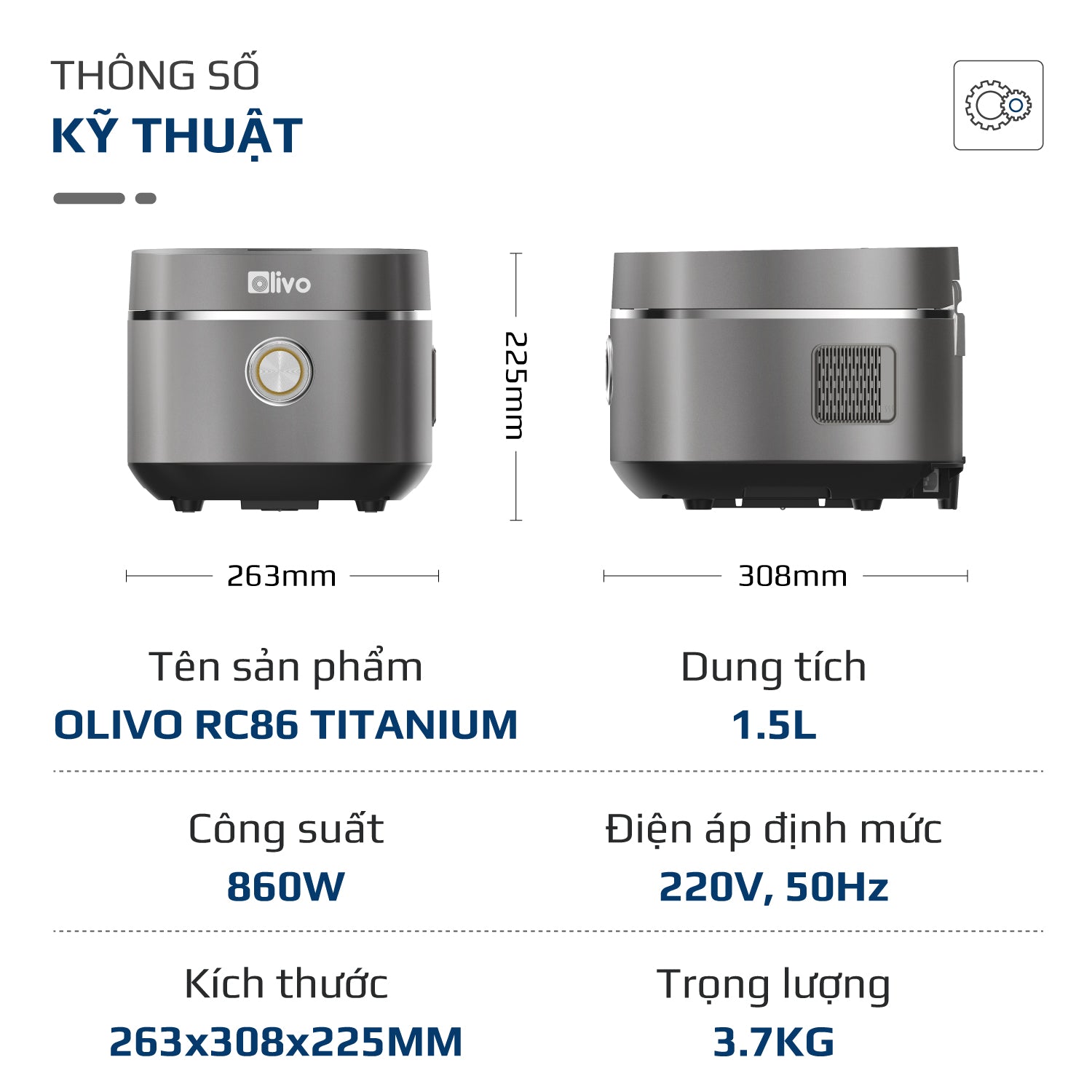 Nồi Cơm Điện OLIVO RC86 Titanium - Lòng Nồi INOX 304 Chống Dính Tự Nhiên, Nấu Cơm Ngon, Thiết Kế Tinh Tế, Sang Trọng