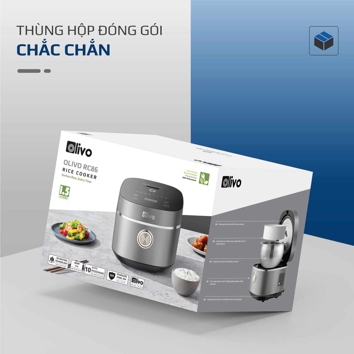 Nồi Cơm Điện OLIVO RC86 Titanium - Lòng Nồi INOX 304 Chống Dính Tự Nhiên, Nấu Cơm Ngon, Thiết Kế Tinh Tế, Sang Trọng