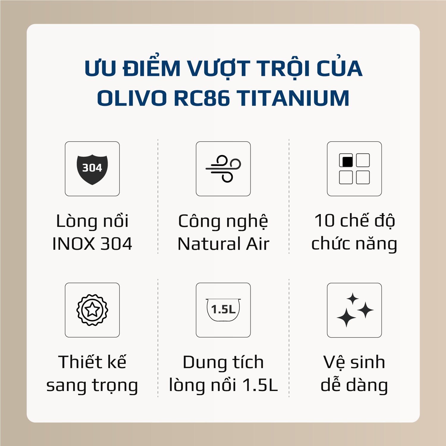 Nồi Cơm Điện OLIVO RC86 Titanium - Lòng Nồi INOX 304 Chống Dính Tự Nhiên, Nấu Cơm Ngon, Thiết Kế Tinh Tế, Sang Trọng