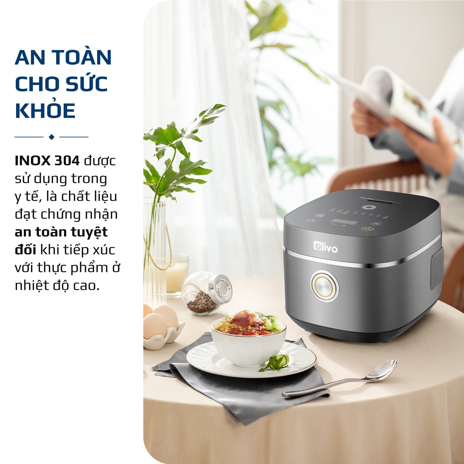 Nồi Cơm Điện OLIVO RC86 Titanium - Lòng Nồi INOX 304 Chống Dính Tự Nhiên, Nấu Cơm Ngon, Thiết Kế Tinh Tế, Sang Trọng