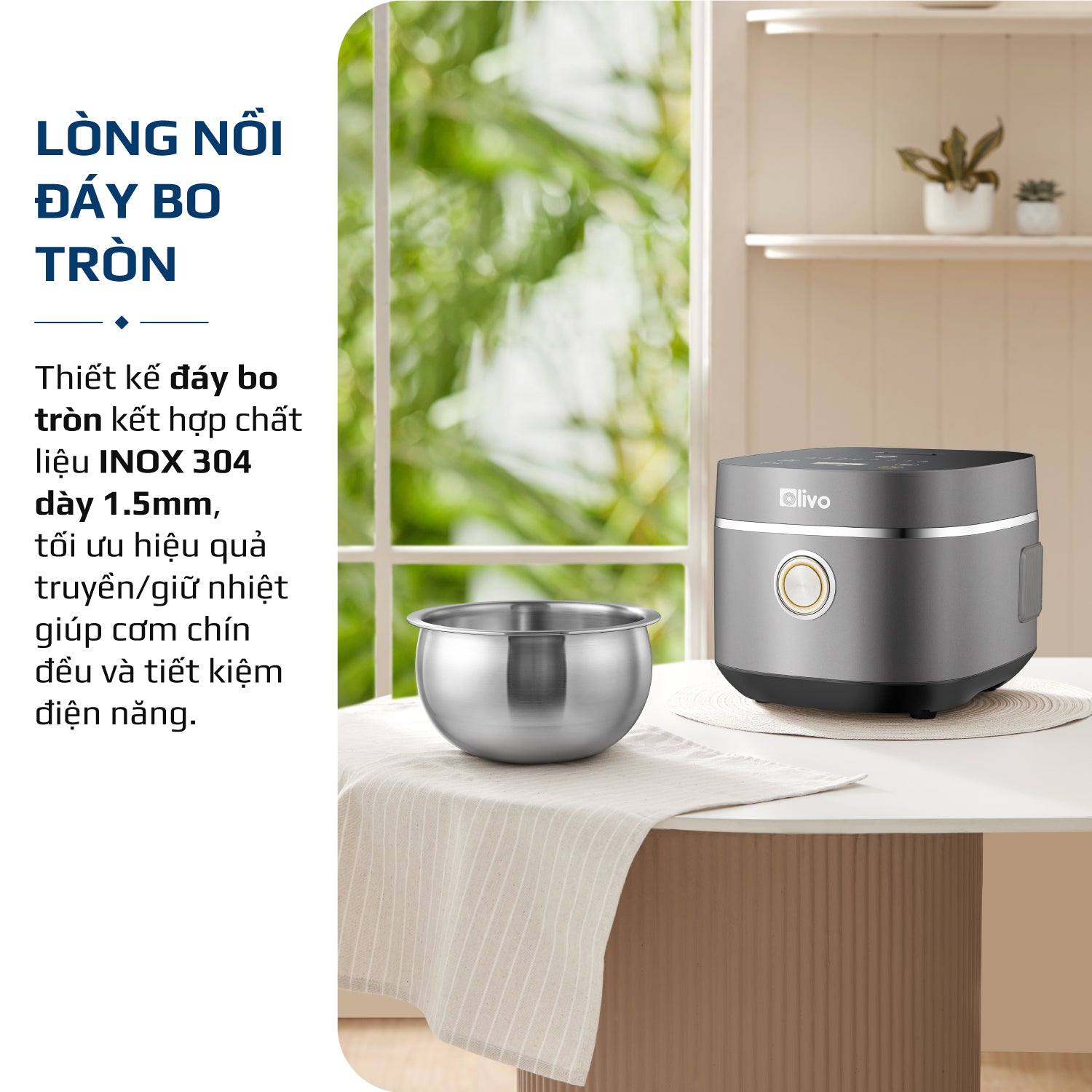 Nồi Cơm Điện OLIVO RC86 Titanium - Lòng Nồi INOX 304 Chống Dính Tự Nhiên, Nấu Cơm Ngon, Thiết Kế Tinh Tế, Sang Trọng