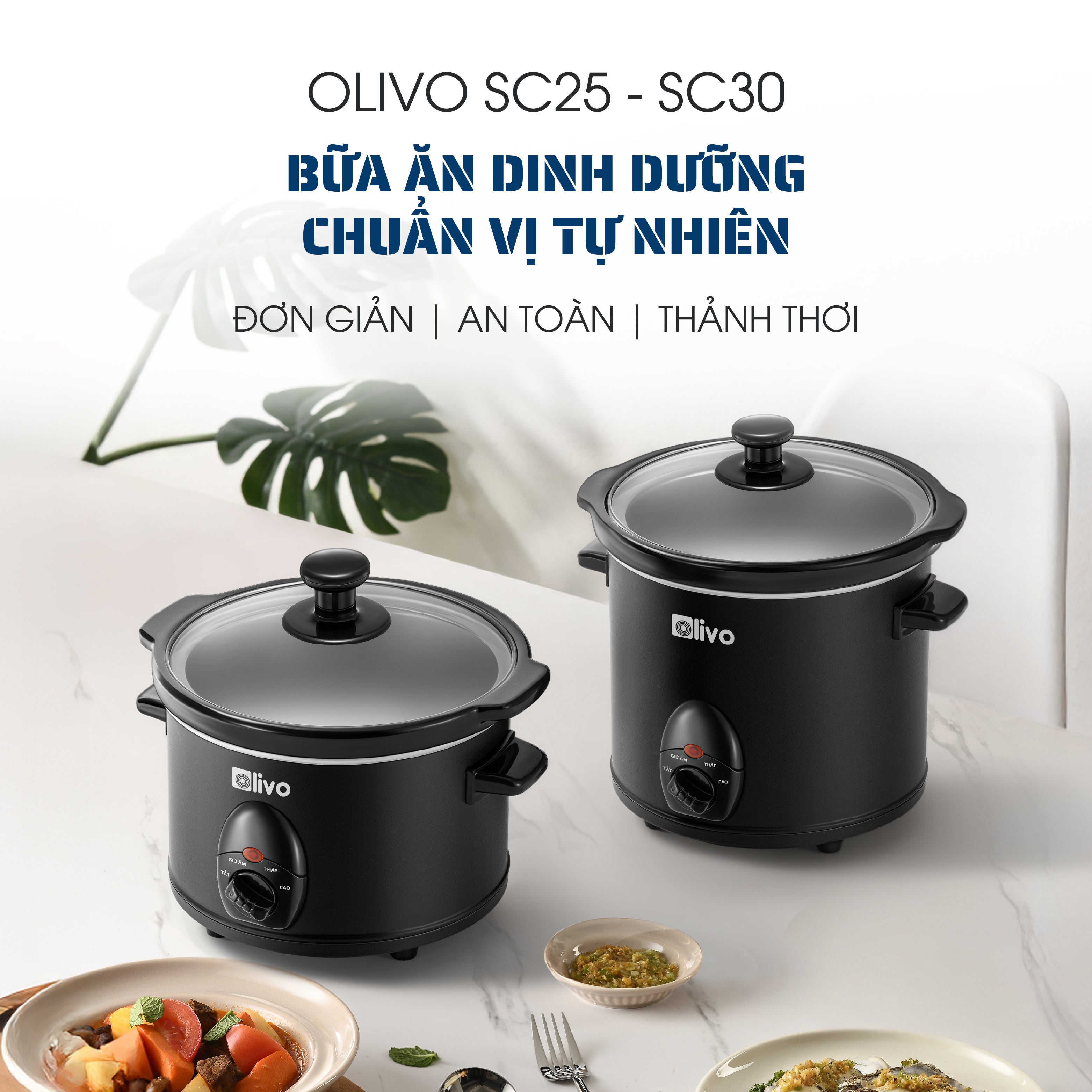 Nồi Nấu Chậm OLIVO SC25/SC30 - 3 Mức Nhiệt Cài Sẵn - Điều Khiển Núm Xoay - Lòng Gốm Tráng Men - Nắp Kính Cường Lực - Dung tích 2.5L/3L