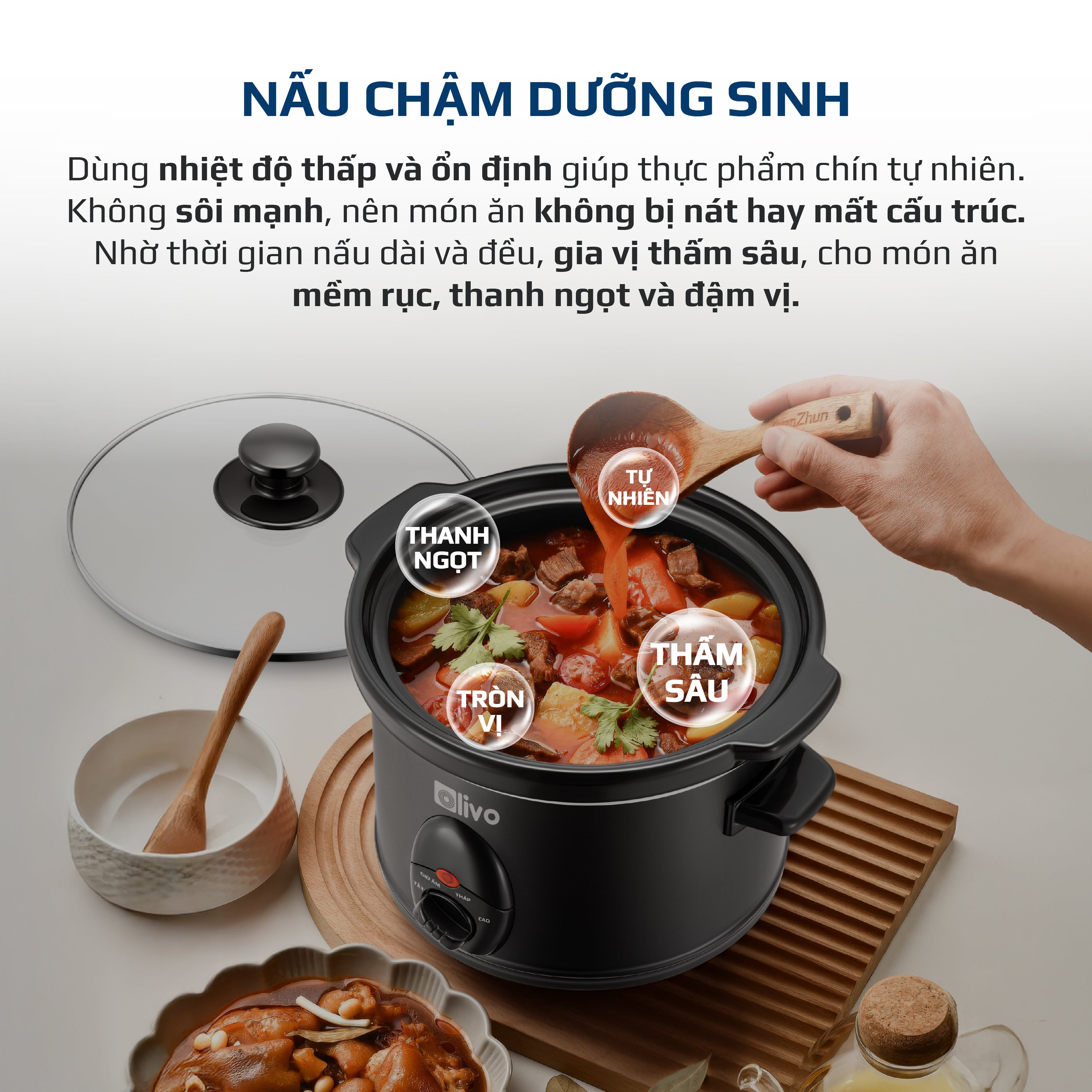 Nồi Nấu Chậm OLIVO SC25/SC30 - 3 Mức Nhiệt Cài Sẵn - Điều Khiển Núm Xoay - Lòng Gốm Tráng Men - Nắp Kính Cường Lực - Dung tích 2.5L/3L