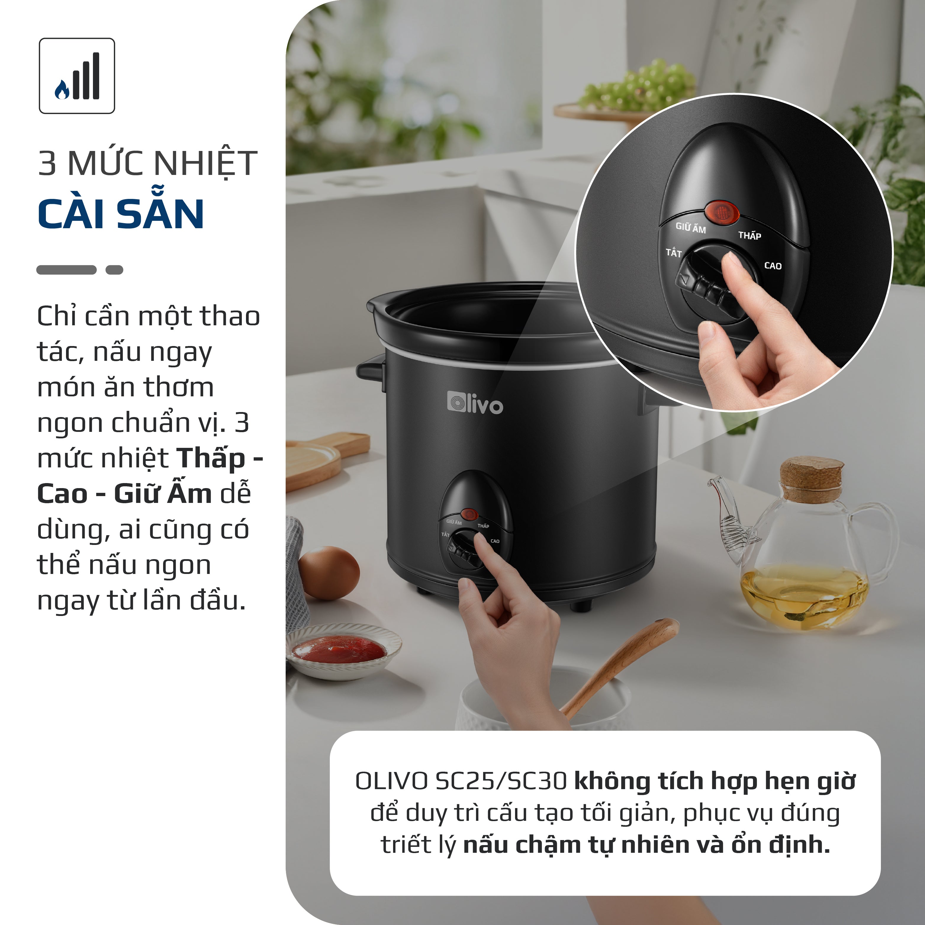 Nồi Nấu Chậm OLIVO SC25/SC30 - 3 Mức Nhiệt Cài Sẵn - Điều Khiển Núm Xoay - Lòng Gốm Tráng Men - Nắp Kính Cường Lực - Dung tích 2.5L/3L