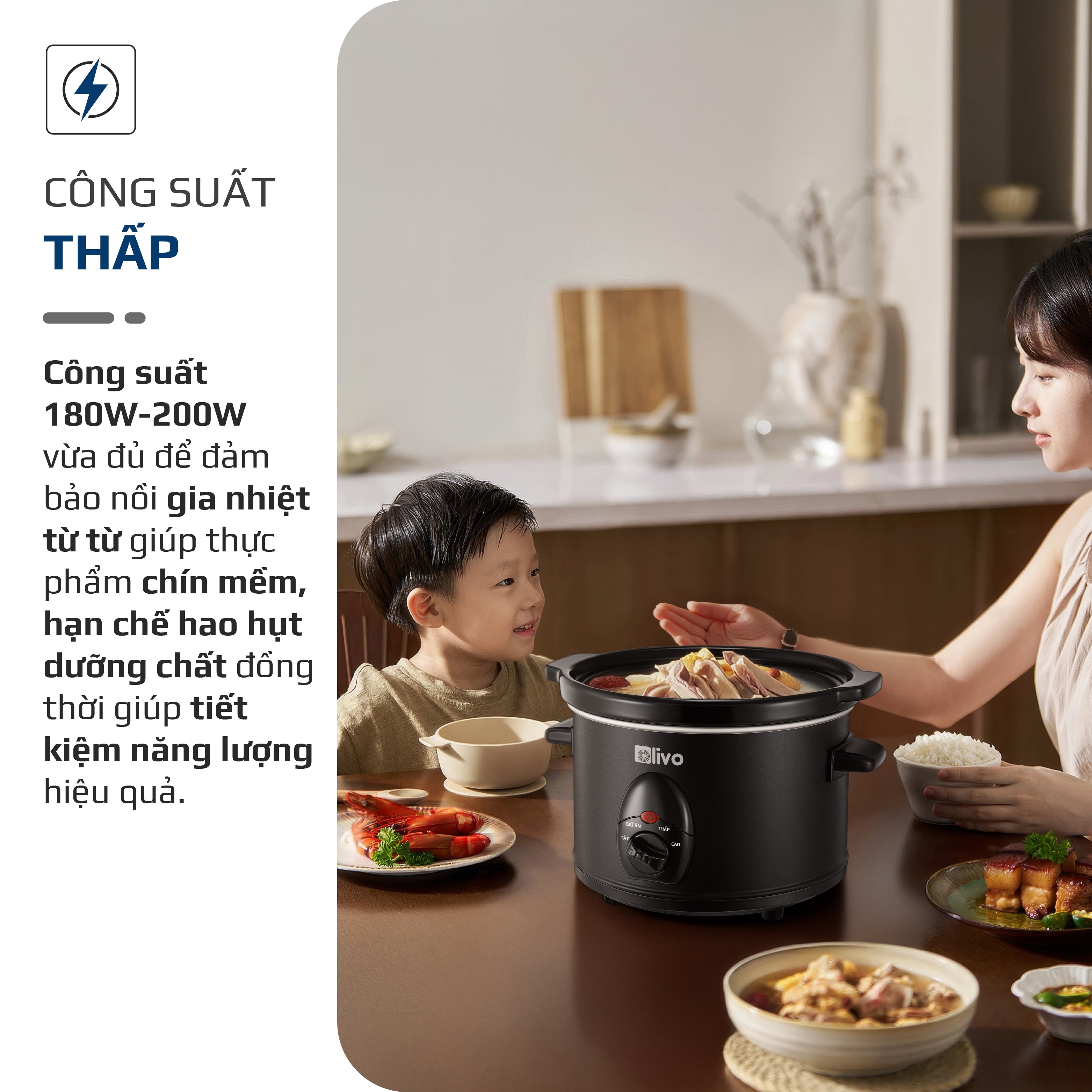 Nồi Nấu Chậm OLIVO SC25/SC30 - 3 Mức Nhiệt Cài Sẵn - Điều Khiển Núm Xoay - Lòng Gốm Tráng Men - Nắp Kính Cường Lực - Dung tích 2.5L/3L