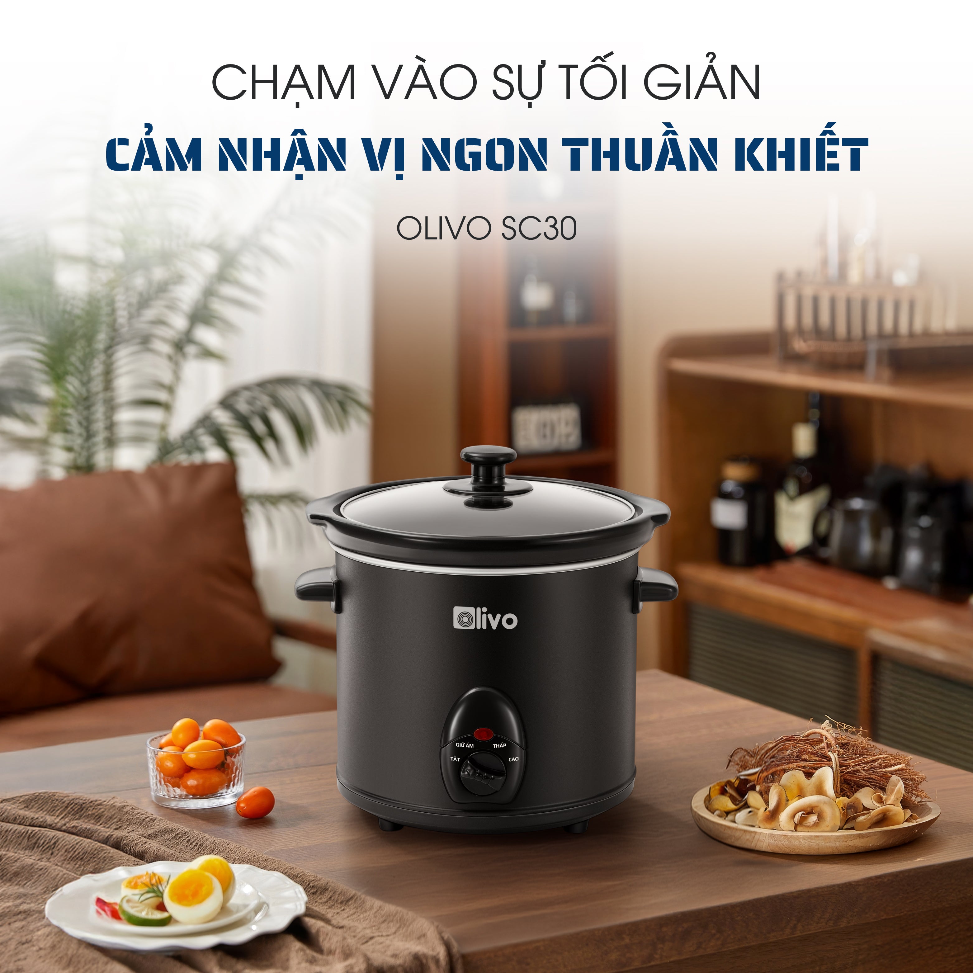 Nồi Nấu Chậm OLIVO SC25/SC30 - 3 Mức Nhiệt Cài Sẵn - Điều Khiển Núm Xoay - Lòng Gốm Tráng Men - Nắp Kính Cường Lực - Dung tích 2.5L/3L