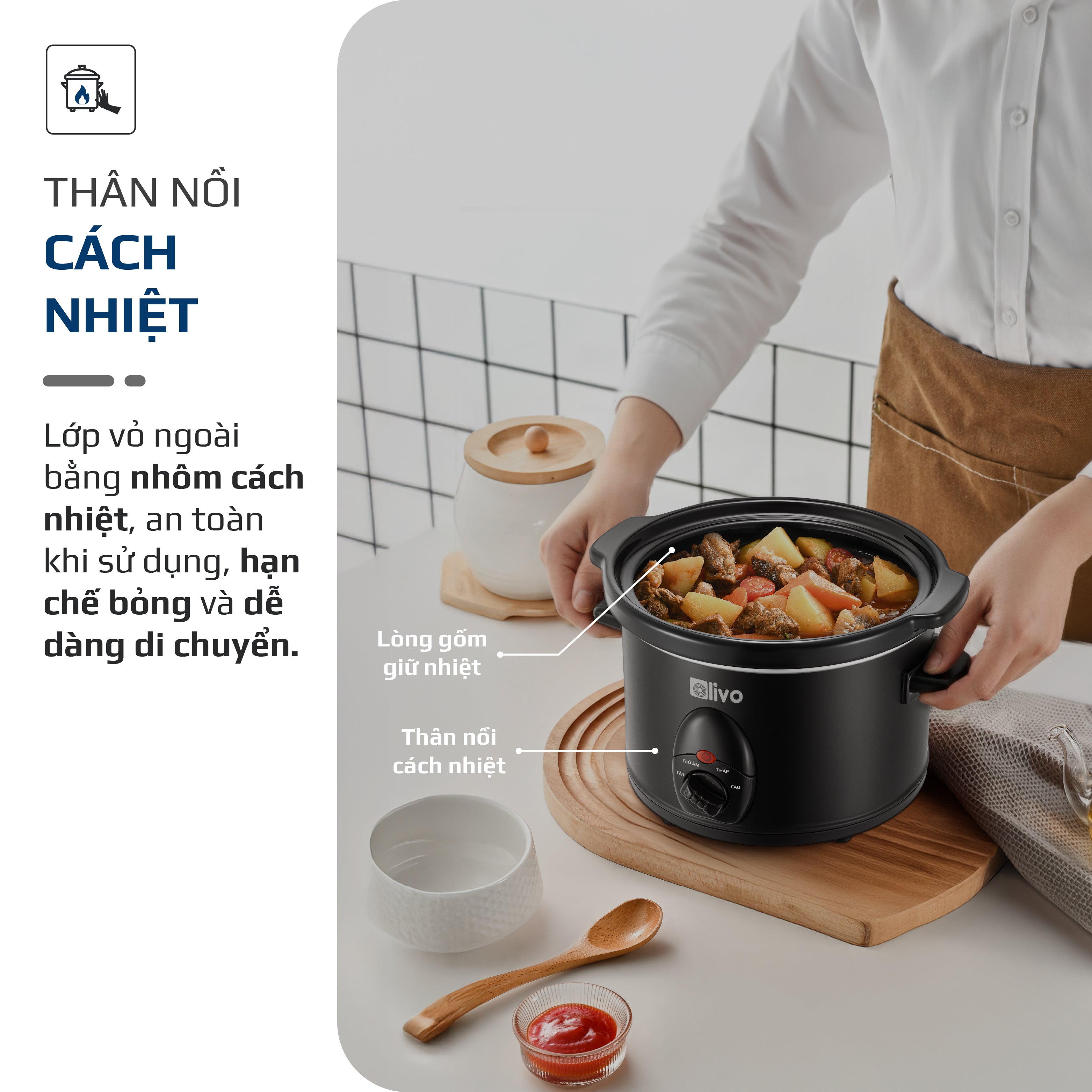 Nồi Nấu Chậm OLIVO SC25/SC30 - 3 Mức Nhiệt Cài Sẵn - Điều Khiển Núm Xoay - Lòng Gốm Tráng Men - Nắp Kính Cường Lực - Dung tích 2.5L/3L