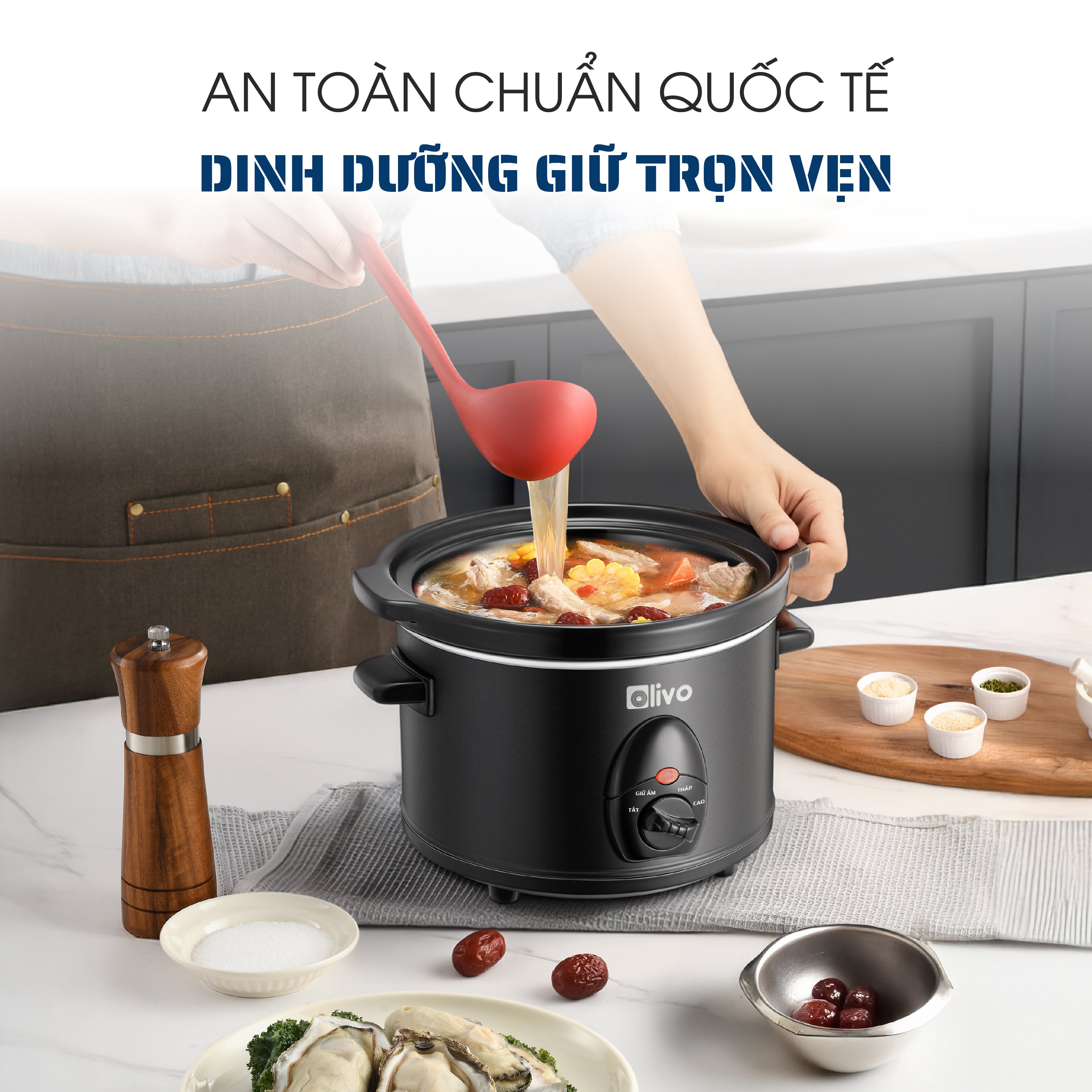 Nồi Nấu Chậm OLIVO SC25/SC30 - 3 Mức Nhiệt Cài Sẵn - Điều Khiển Núm Xoay - Lòng Gốm Tráng Men - Nắp Kính Cường Lực - Dung tích 2.5L/3L
