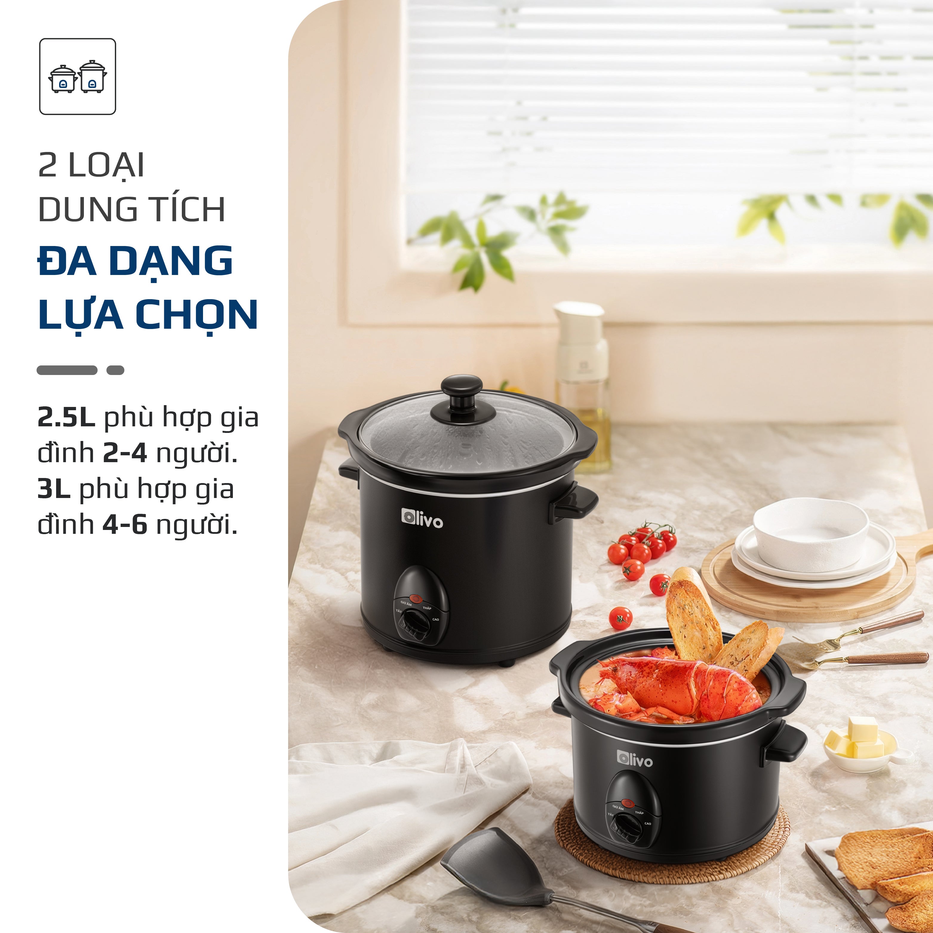 Nồi Nấu Chậm OLIVO SC25/SC30 - 3 Mức Nhiệt Cài Sẵn - Điều Khiển Núm Xoay - Lòng Gốm Tráng Men - Nắp Kính Cường Lực - Dung tích 2.5L/3L