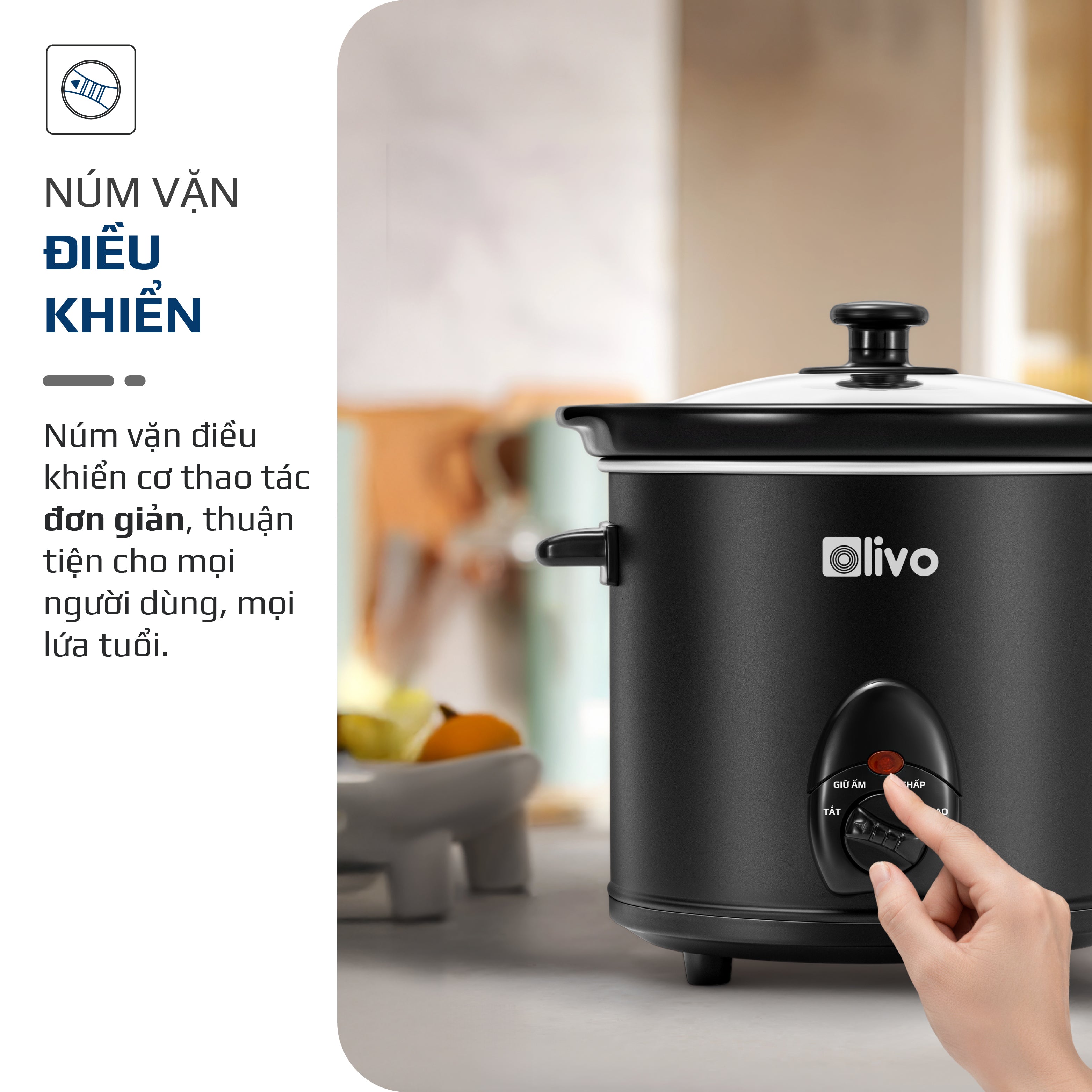 Nồi Nấu Chậm OLIVO SC25/SC30 - 3 Mức Nhiệt Cài Sẵn - Điều Khiển Núm Xoay - Lòng Gốm Tráng Men - Nắp Kính Cường Lực - Dung tích 2.5L/3L