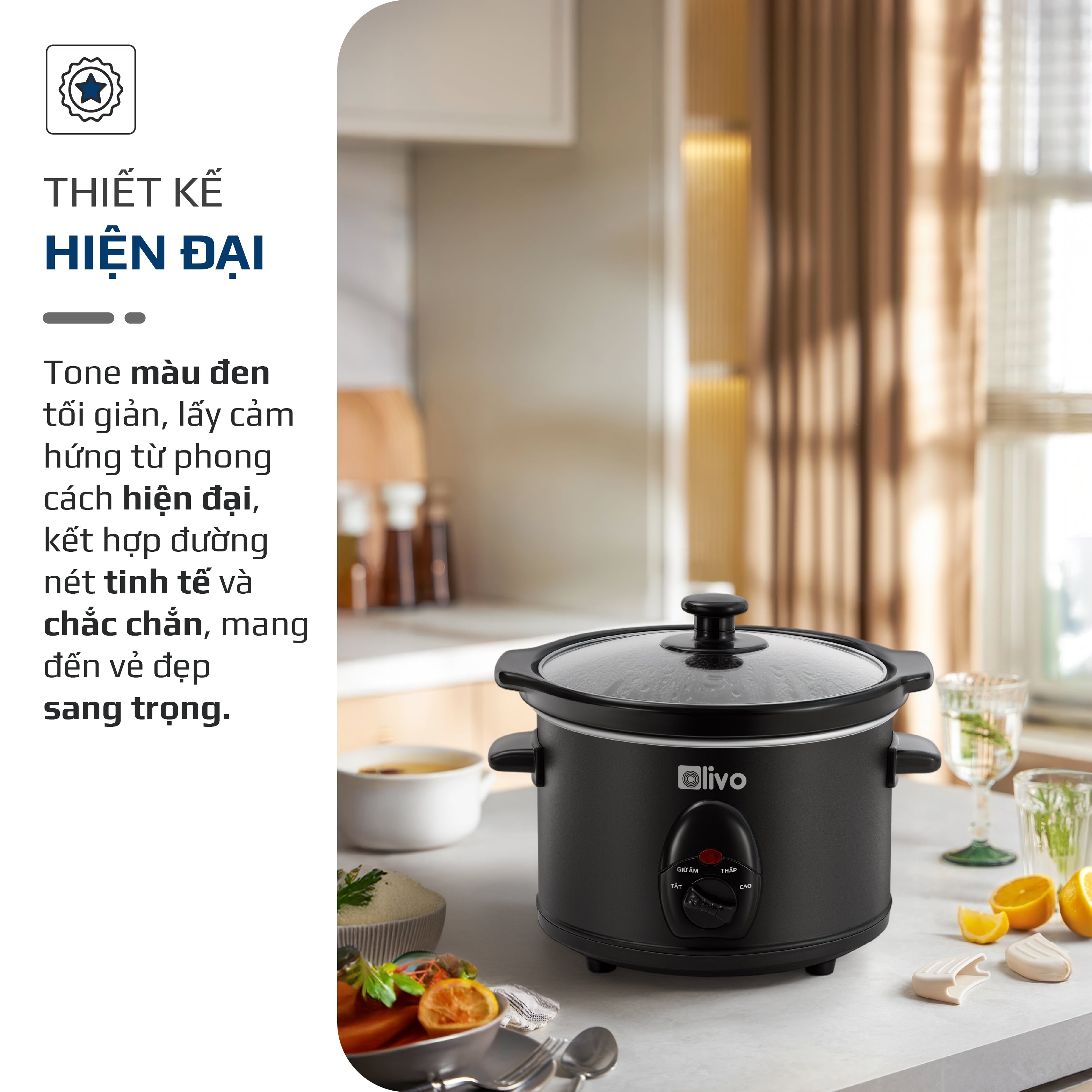 Nồi Nấu Chậm OLIVO SC25/SC30 - 3 Mức Nhiệt Cài Sẵn - Điều Khiển Núm Xoay - Lòng Gốm Tráng Men - Nắp Kính Cường Lực - Dung tích 2.5L/3L