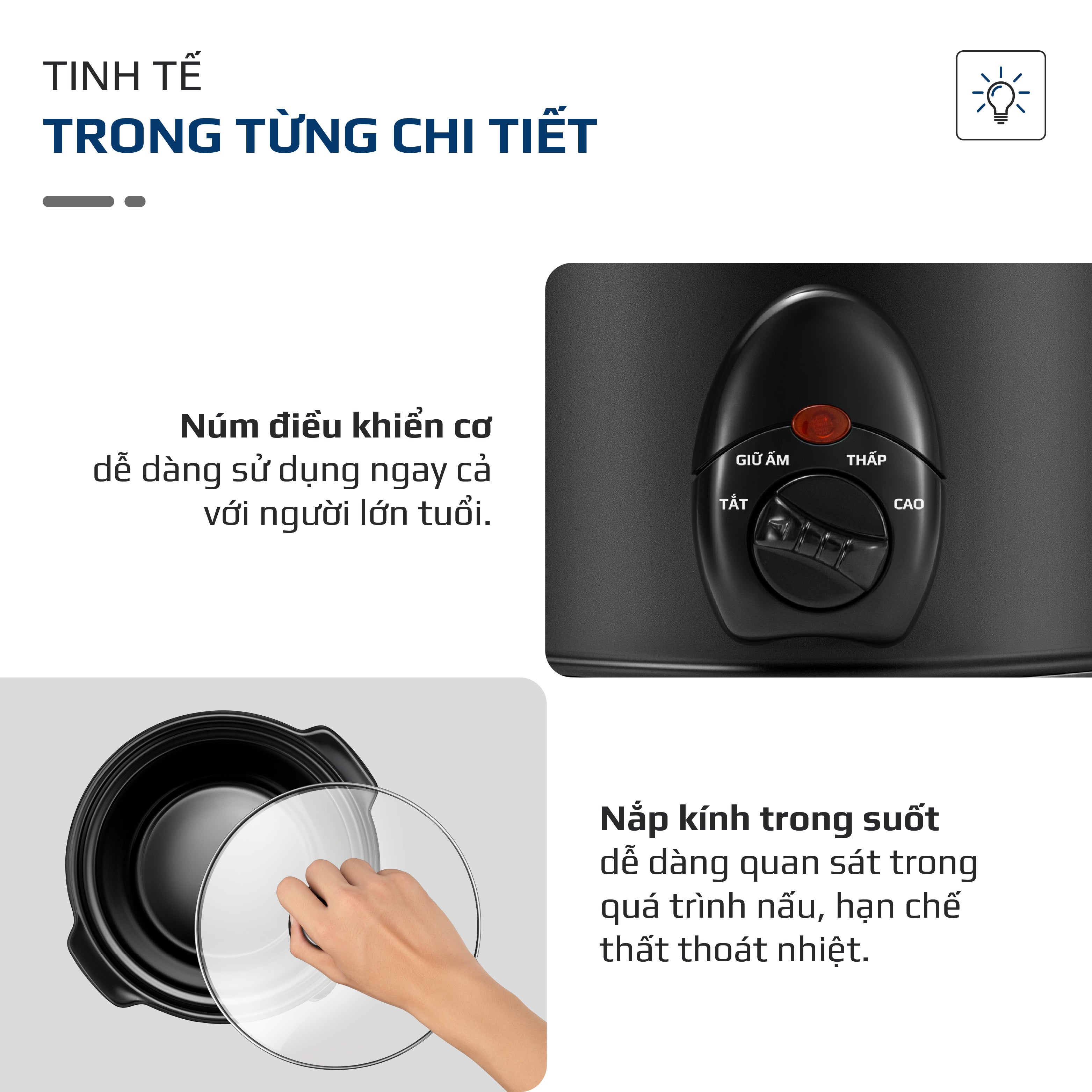 Nồi Nấu Chậm OLIVO SC25/SC30 - 3 Mức Nhiệt Cài Sẵn - Điều Khiển Núm Xoay - Lòng Gốm Tráng Men - Nắp Kính Cường Lực - Dung tích 2.5L/3L