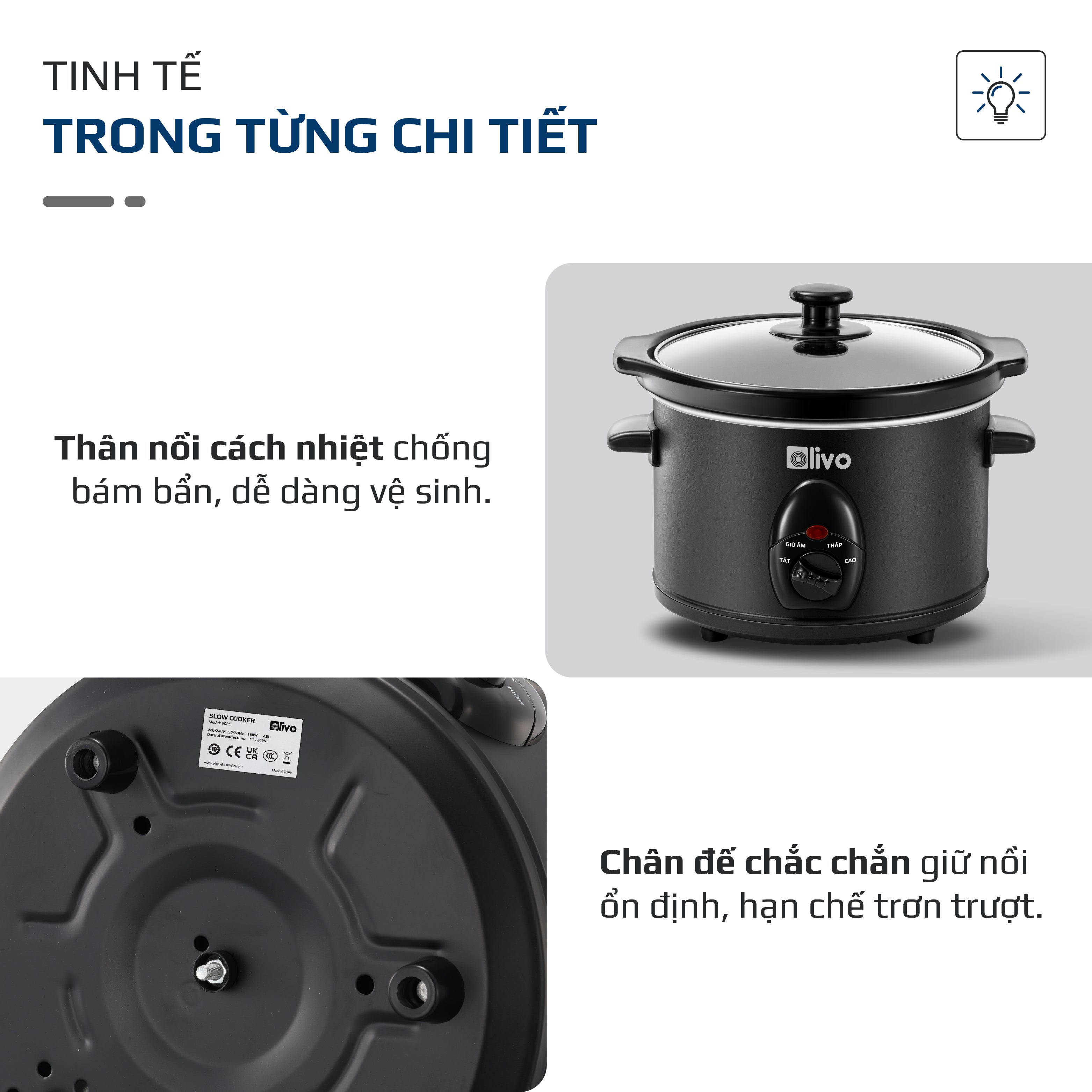 Nồi Nấu Chậm OLIVO SC25/SC30 - 3 Mức Nhiệt Cài Sẵn - Điều Khiển Núm Xoay - Lòng Gốm Tráng Men - Nắp Kính Cường Lực - Dung tích 2.5L/3L