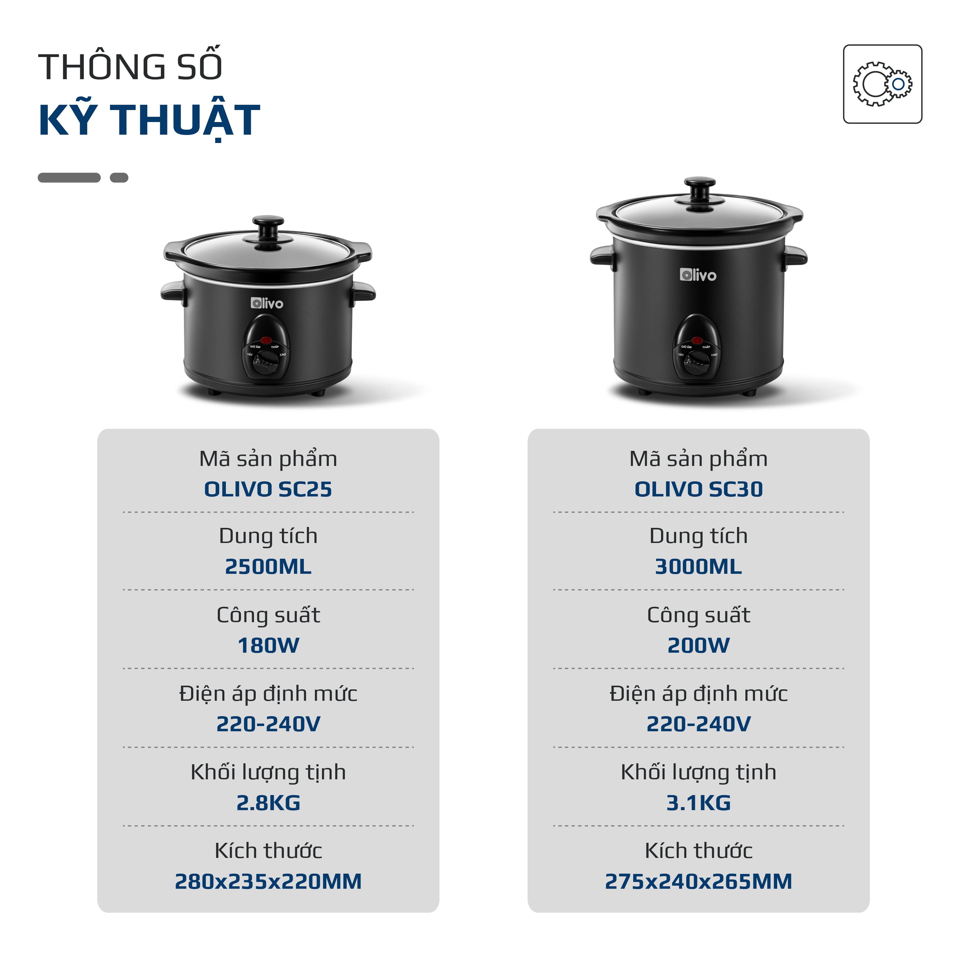 Nồi Nấu Chậm OLIVO SC25/SC30 - 3 Mức Nhiệt Cài Sẵn - Điều Khiển Núm Xoay - Lòng Gốm Tráng Men - Nắp Kính Cường Lực - Dung tích 2.5L/3L
