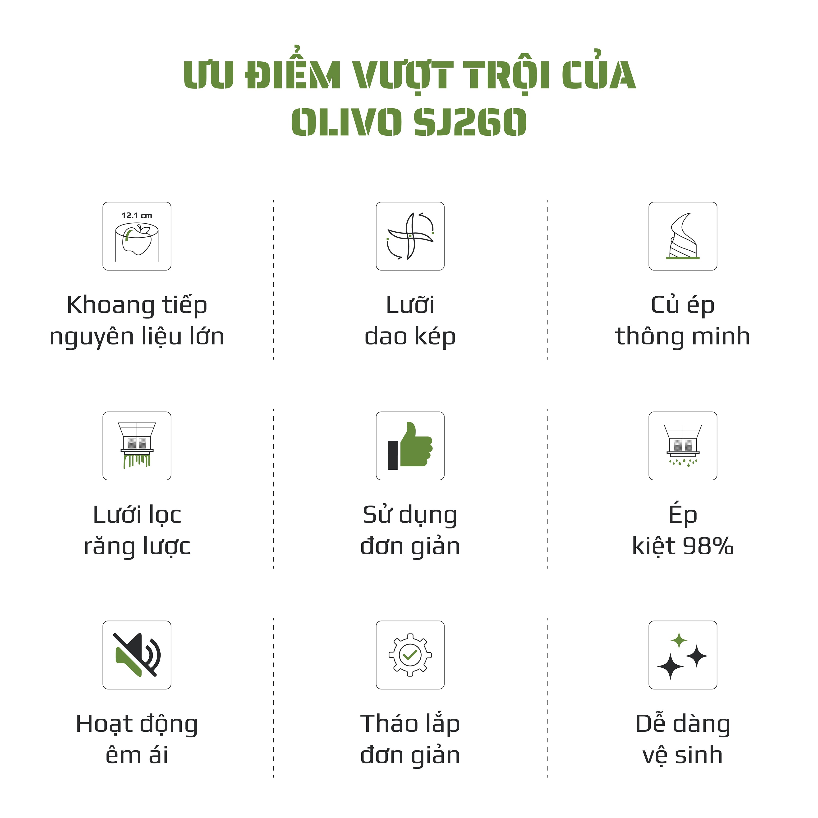 Máy Ép Chậm OLIVO SJ260 - Màu Solara, Lưỡi Dao Kép, Khoang Tiếp Lớn, Ép Kiệt, Dễ Dàng Vệ Sinh
