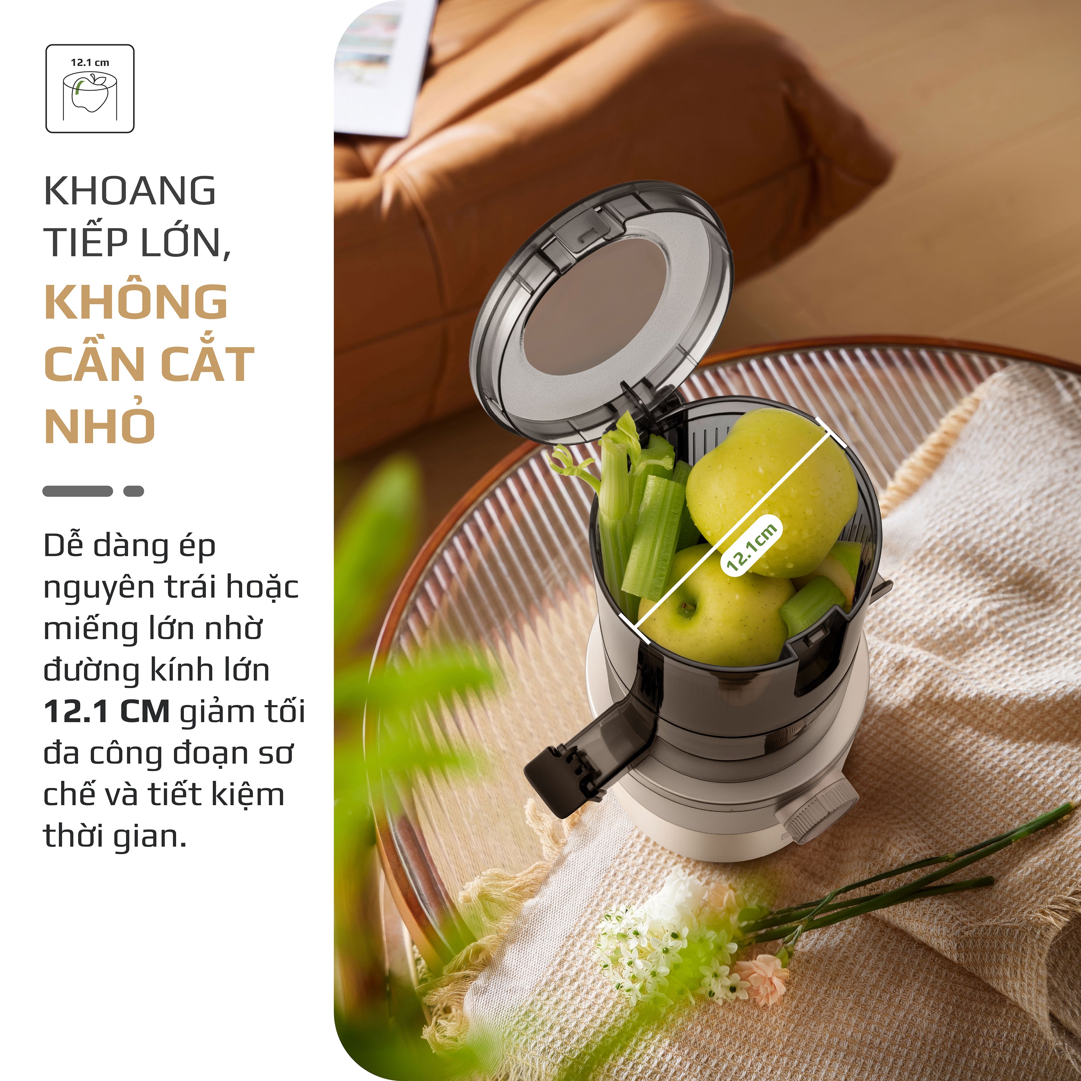 Máy Ép Chậm OLIVO SJ260 - Màu Solara, Lưỡi Dao Kép, Khoang Tiếp Lớn, Ép Kiệt, Dễ Dàng Vệ Sinh