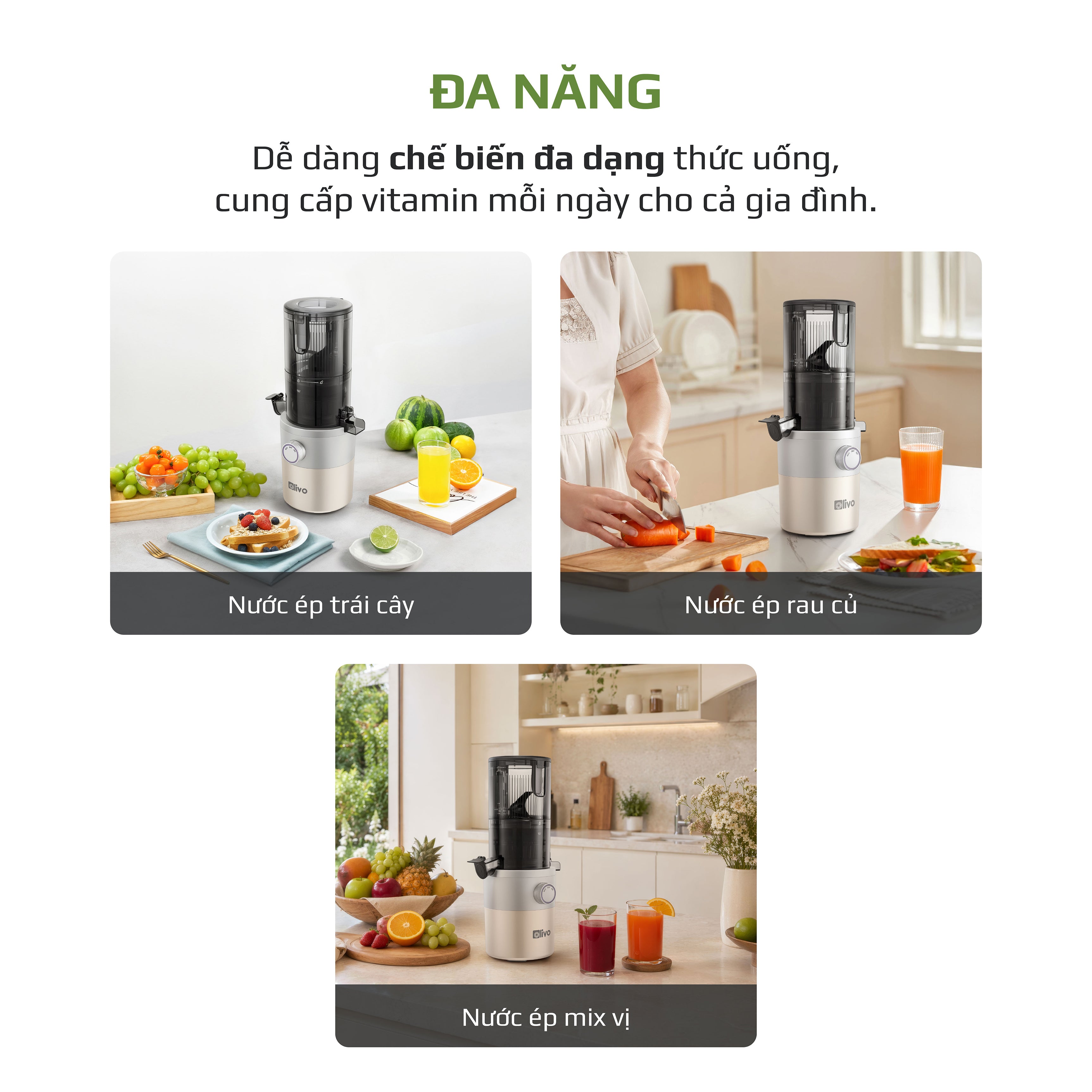 Máy Ép Chậm OLIVO SJ260 - Màu Solara, Lưỡi Dao Kép, Khoang Tiếp Lớn, Ép Kiệt, Dễ Dàng Vệ Sinh