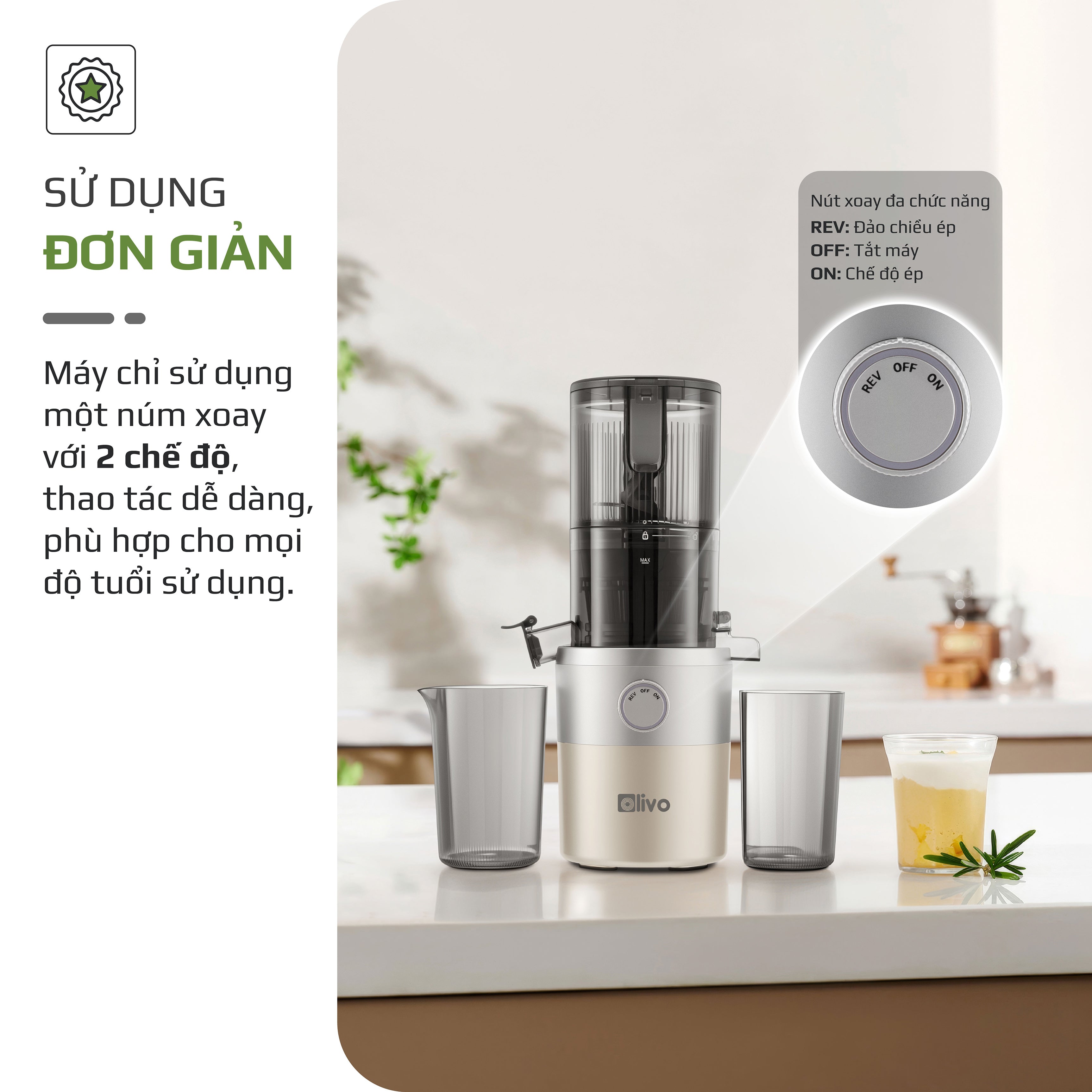 Máy Ép Chậm OLIVO SJ260 - Màu Solara, Lưỡi Dao Kép, Khoang Tiếp Lớn, Ép Kiệt, Dễ Dàng Vệ Sinh