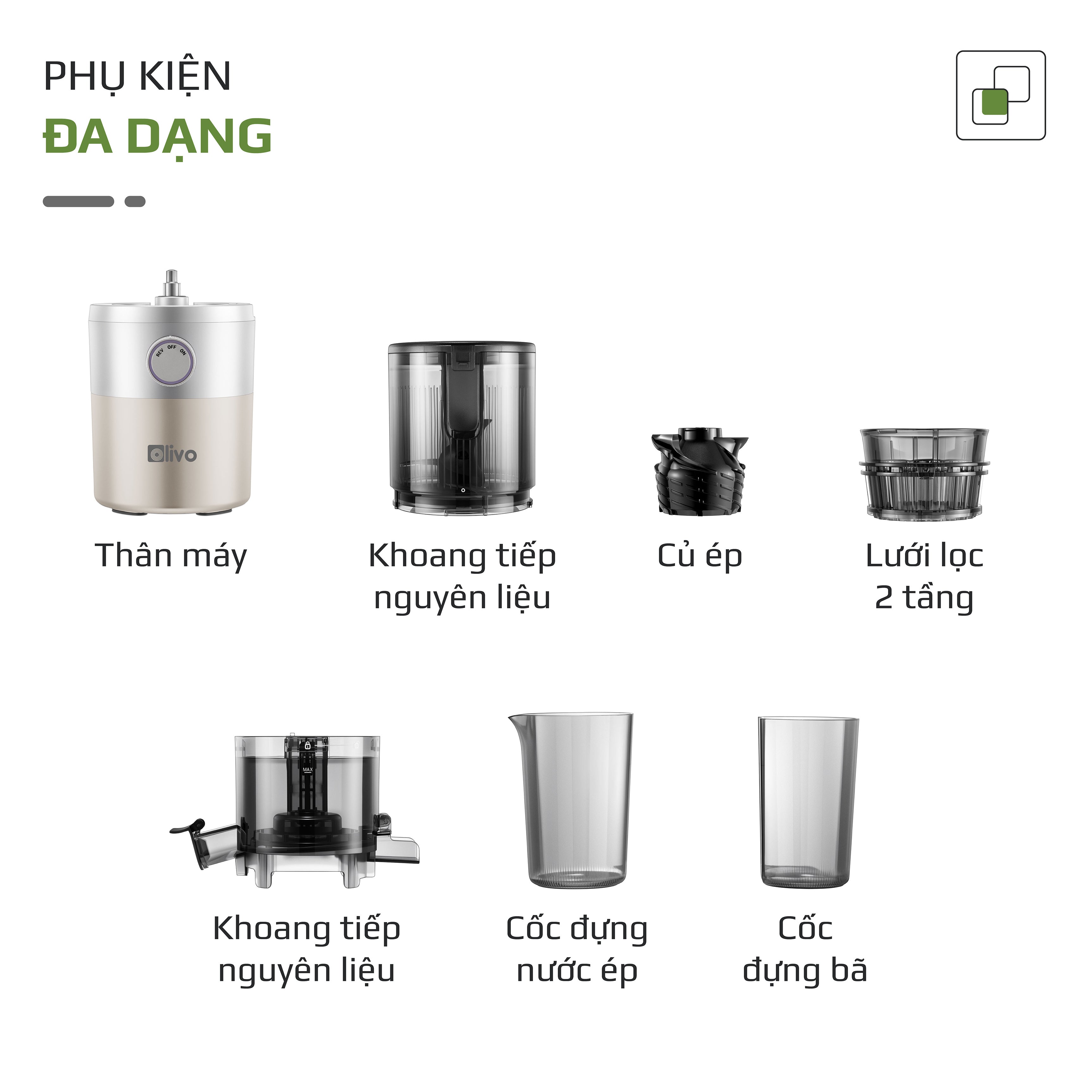 Máy Ép Chậm OLIVO SJ260 - Màu Solara, Lưỡi Dao Kép, Khoang Tiếp Lớn, Ép Kiệt, Dễ Dàng Vệ Sinh