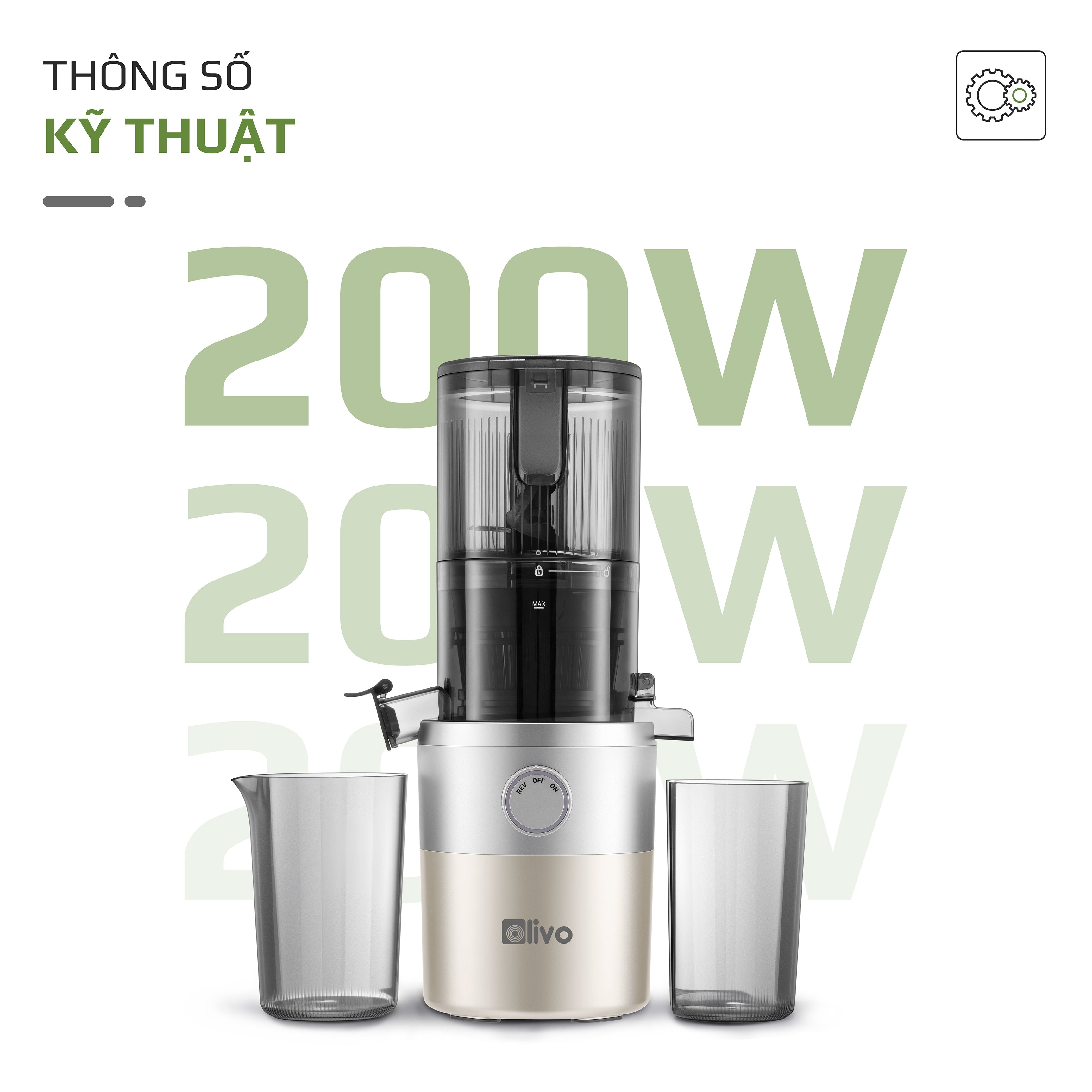 Máy Ép Chậm OLIVO SJ260 - Màu Solara, Lưỡi Dao Kép, Khoang Tiếp Lớn, Ép Kiệt, Dễ Dàng Vệ Sinh