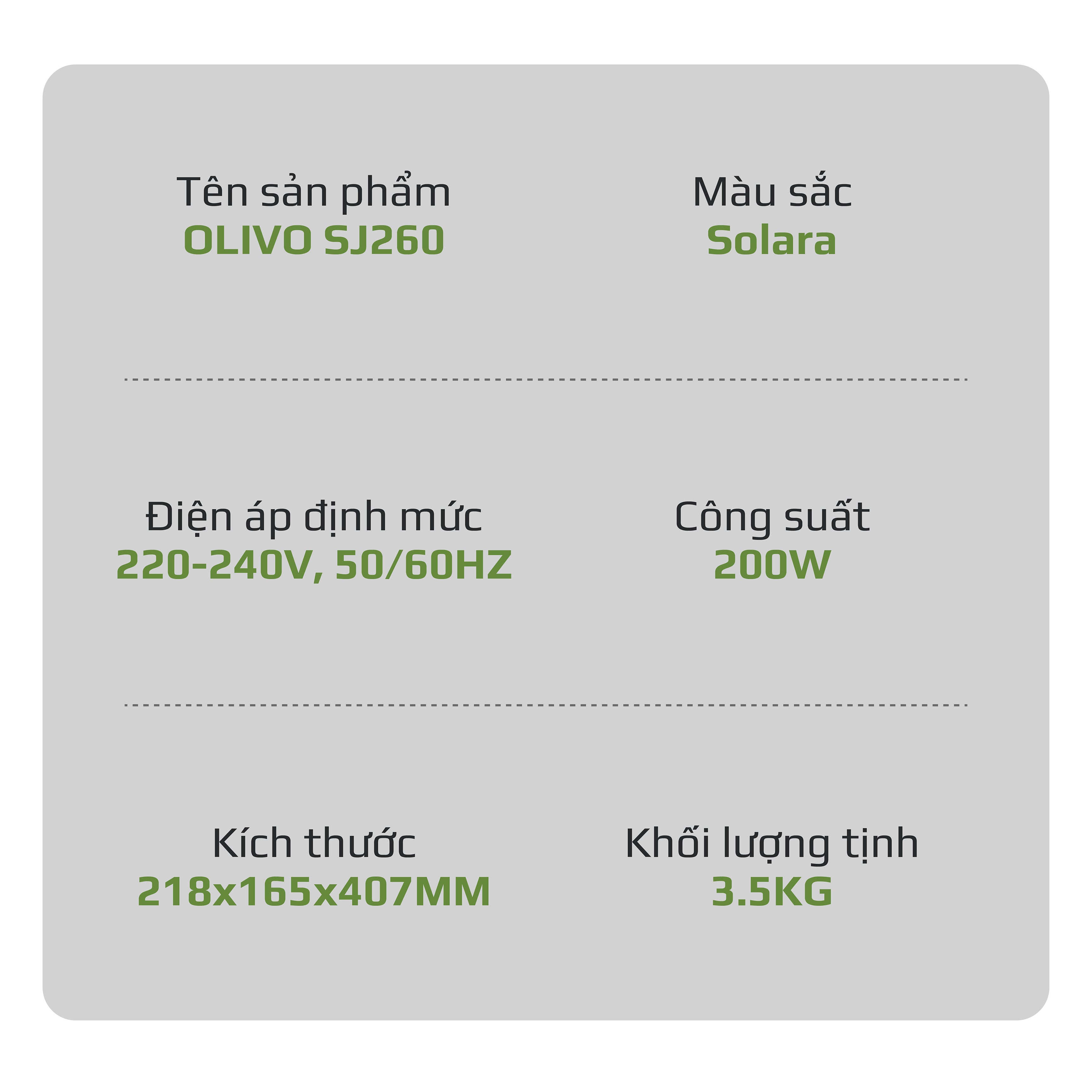 Máy Ép Chậm OLIVO SJ260 - Màu Solara, Lưỡi Dao Kép, Khoang Tiếp Lớn, Ép Kiệt, Dễ Dàng Vệ Sinh