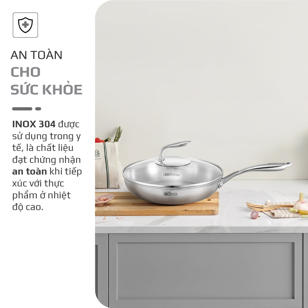 CHẢO INOX OLIVO STEVE 2655 – Chống Dính Tự Nhiên, An Toàn Cho Sức Khỏe, Đường Kính 26cm, Sâu 5.5cm, Nấu Được Trên Mọi Loại Bếp