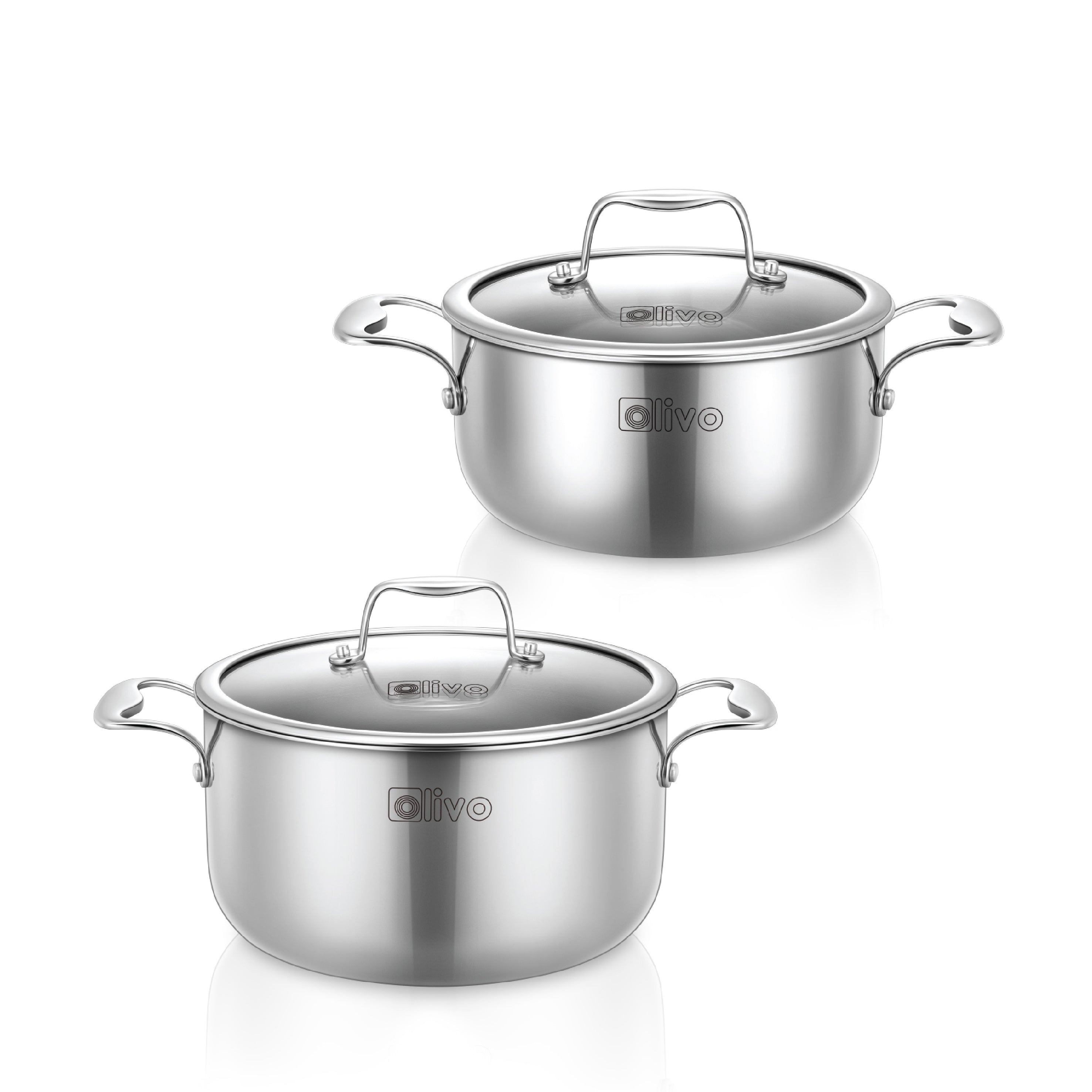 Bộ 2 Nồi OLIVO DAVINCI - Đa Dạng Kích Thước - Inox 3 Lớp - Nắp Kính Cường Lực - Nấu Được Trên Mọi Loại Bếp