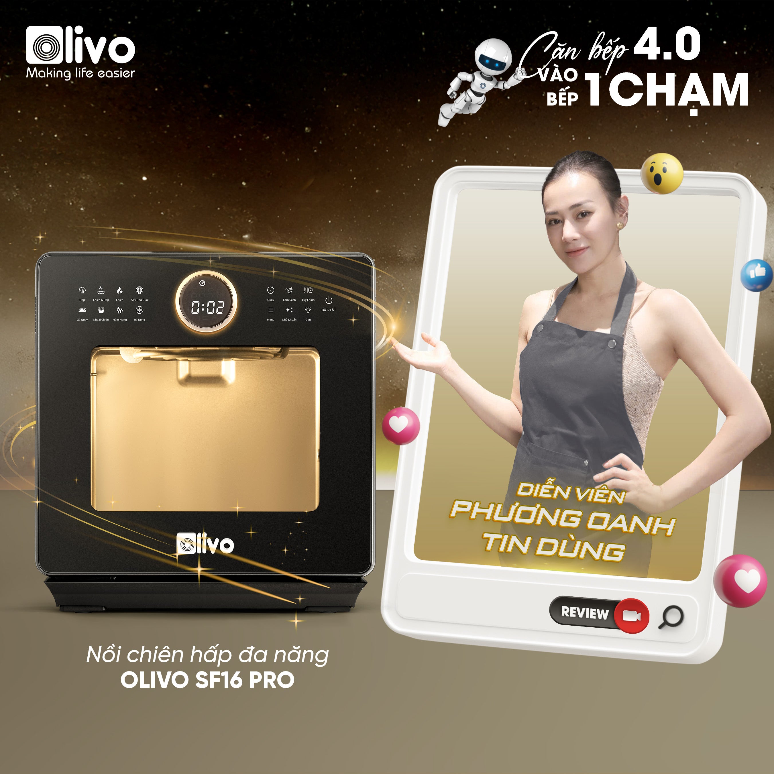 Nồi Chiên Hấp Đa Năng OLIVO SF16 PRO 2025 - 70 Chế Độ Cài Sẵn, Toàn Bộ Khoang Nồi Và Phụ Kiện Bằng Inox 304 Cao Cấp, Dung Tích 16L, Vệ Sinh Dễ Dàng