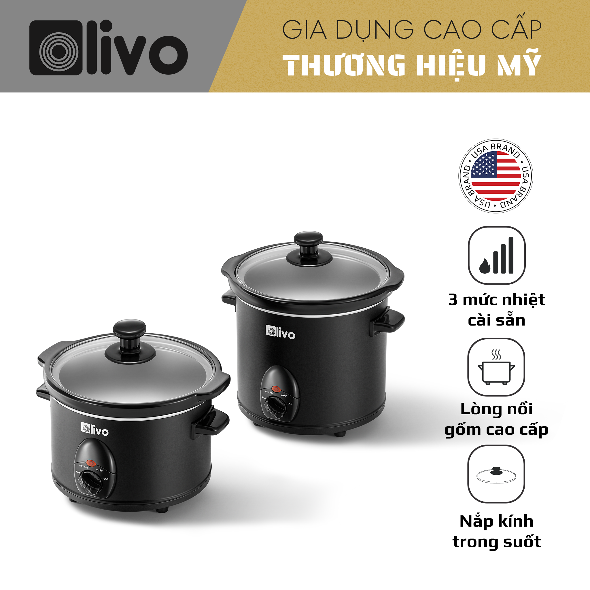 Nồi Nấu Chậm OLIVO SC25/SC30 - 3 Mức Nhiệt Cài Sẵn - Điều Khiển Núm Xoay - Lòng Gốm Tráng Men - Nắp Kính Cường Lực - Dung tích 2.5L/3L