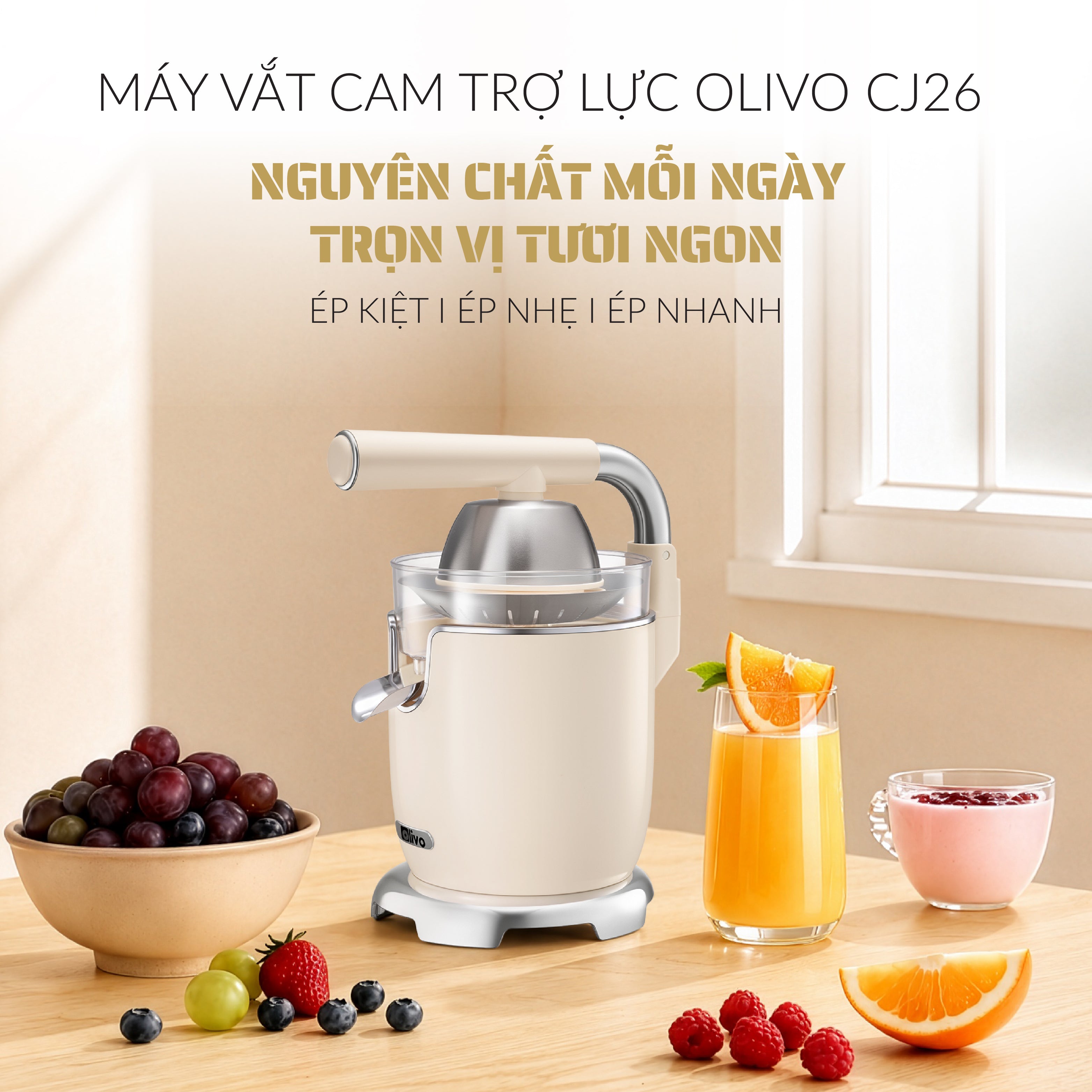 Máy Vắt Cam Trợ Lực Olivo CJ26 - Ép Kiệt Tối Ưu, Tay Cầm Trợ Lực, 2 Đầu Ép Linh Hoạt, Lưới Lọc Inox, Công Suất 600W, Thiết Kế Tối Giản Hiện Đại