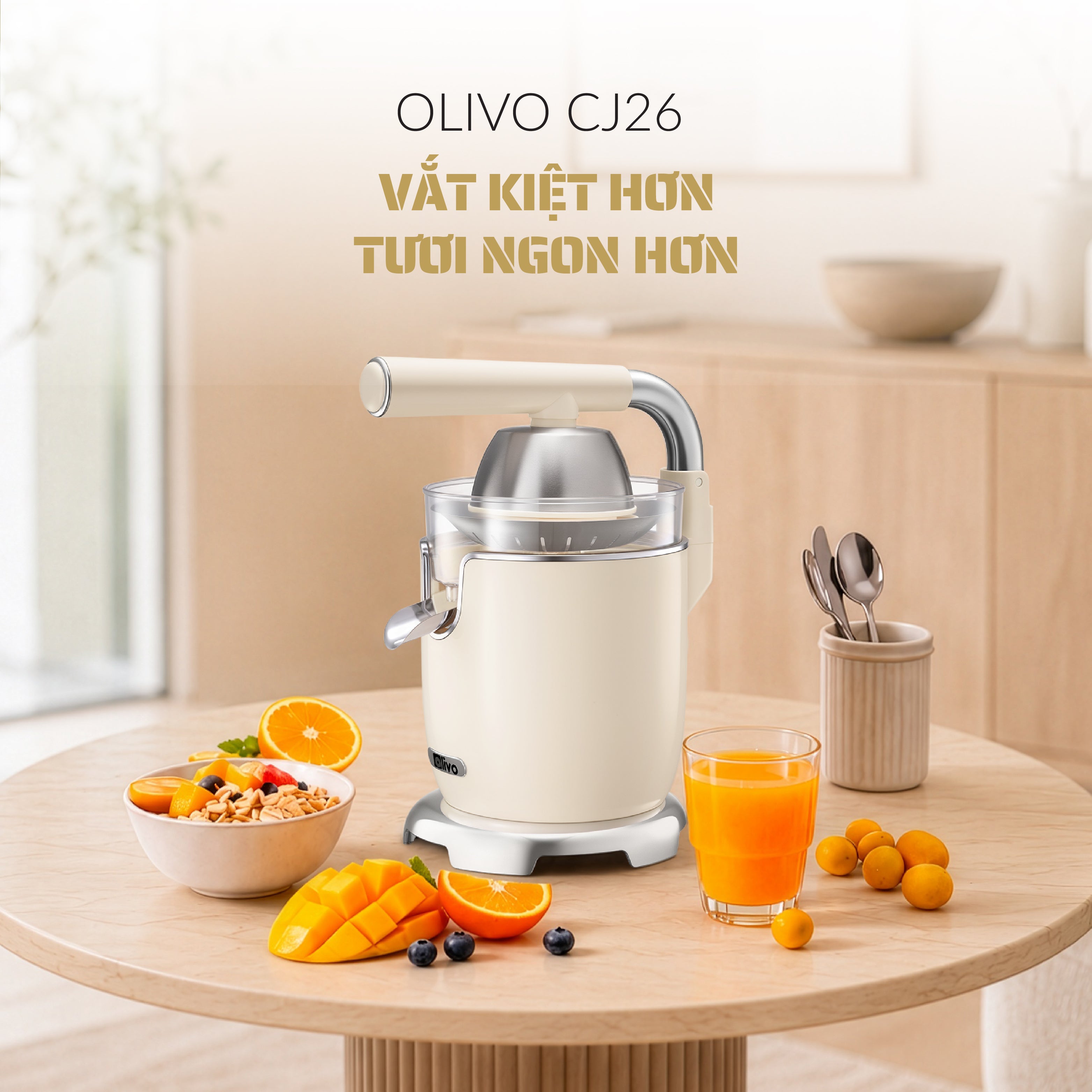 Máy Vắt Cam Trợ Lực Olivo CJ26 - Ép Kiệt Tối Ưu, Tay Cầm Trợ Lực, 2 Đầu Ép Linh Hoạt, Lưới Lọc Inox, Công Suất 600W, Thiết Kế Tối Giản Hiện Đại