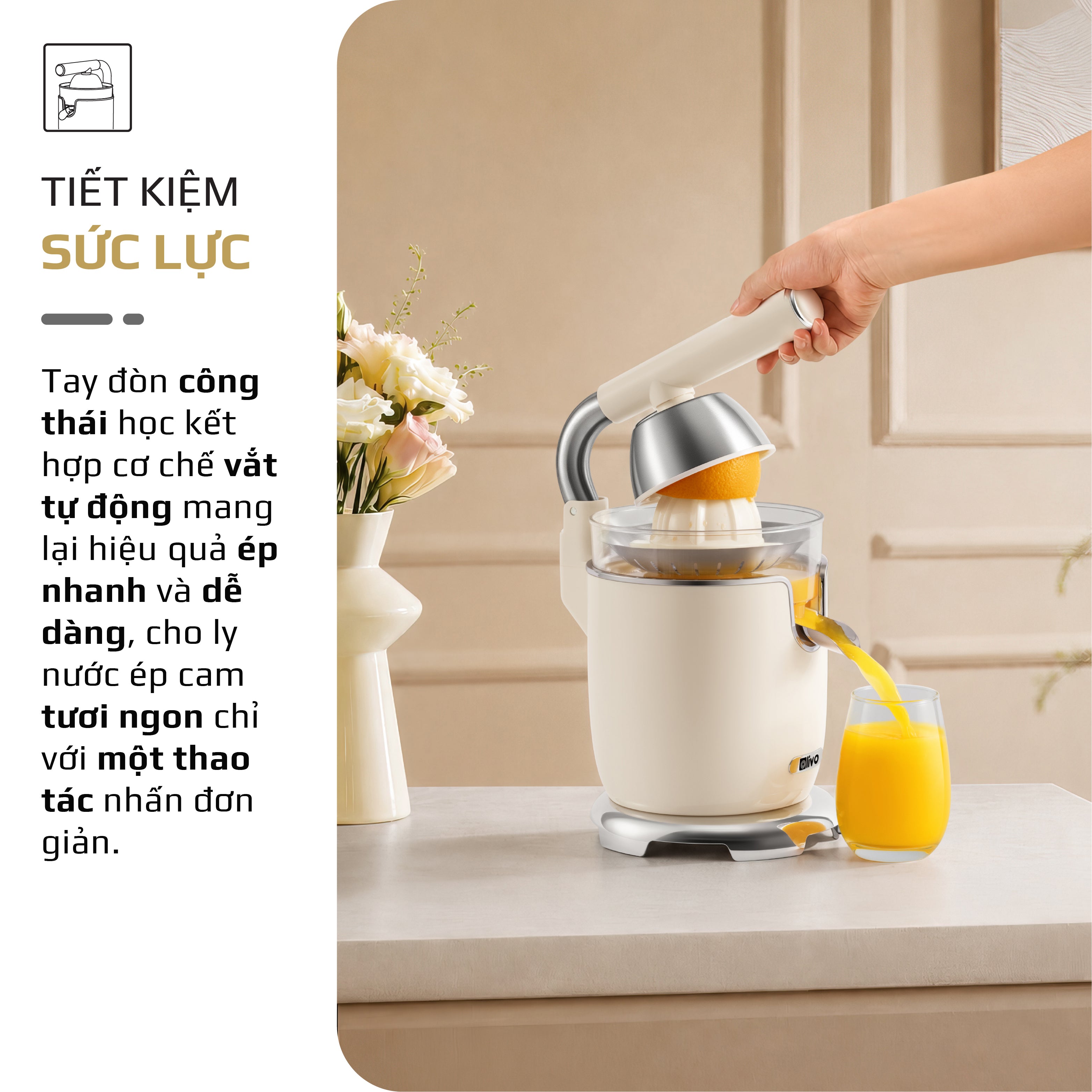 Máy Vắt Cam Trợ Lực Olivo CJ26 - Ép Kiệt Tối Ưu, Tay Cầm Trợ Lực, 2 Đầu Ép Linh Hoạt, Lưới Lọc Inox, Công Suất 600W, Thiết Kế Tối Giản Hiện Đại