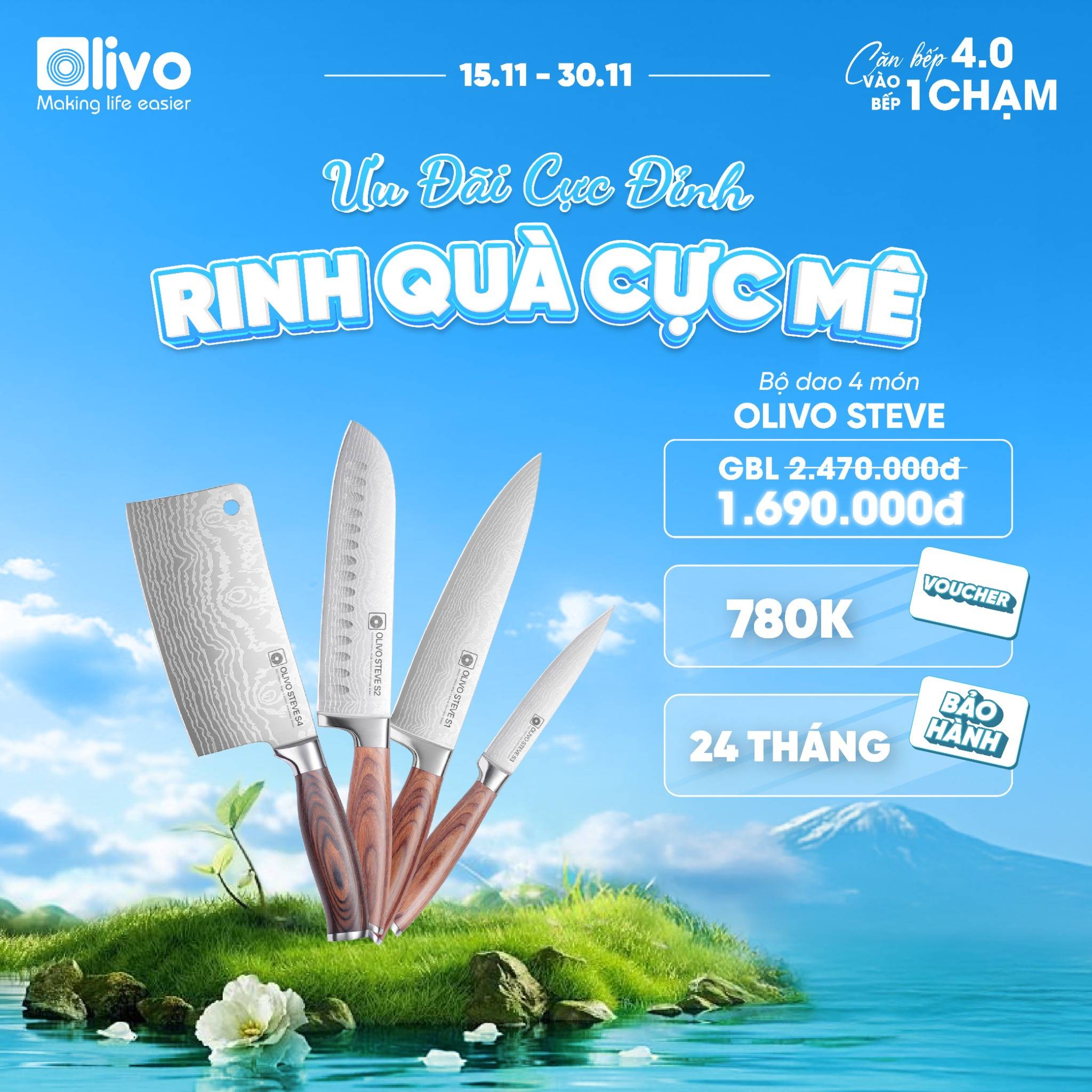 Bộ Dao 4 Món OLIVO STEVE - Vật Liệu Cao Cấp - Chuôi Gỗ Hồng - Thiết Kế Công Thái Học - Lưỡi Dao Sắc Bén