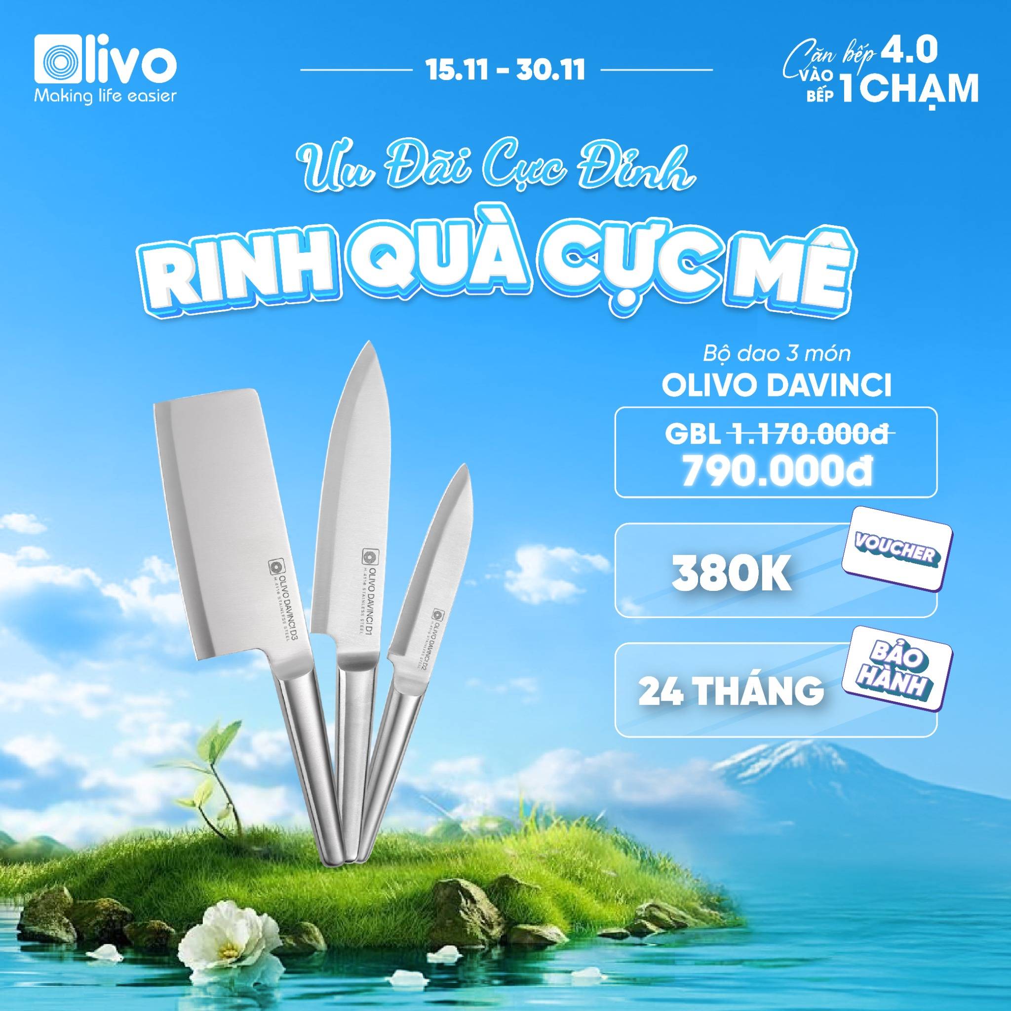 Bộ Dao 3 Món OLIVO DAVINCI - Vật Liệu Cao Cấp - Lưỡi Dao Sắc Bén - Thiết Kế Công Thái Học - Chuôi INOX 430 Siêu Bền
