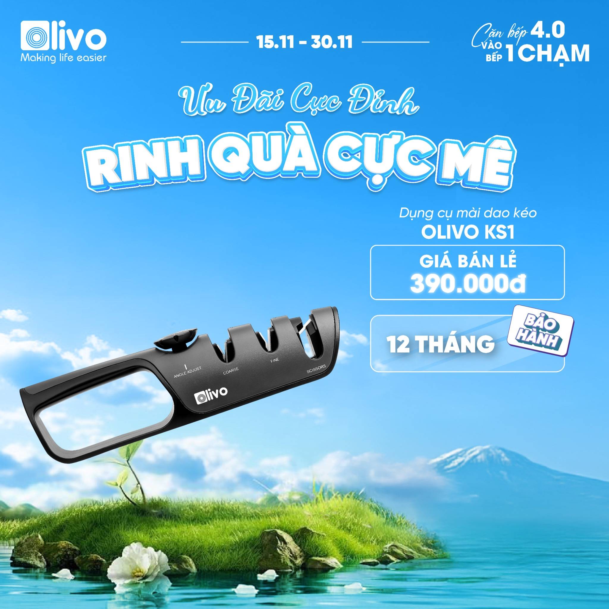 Dụng Cụ Mài Dao Kéo OLIVO KS1 - Làm Sắc Nhanh - 3 Khe Mài Riêng Biệt - Núm Xoay Điều Chỉnh Góc Mài - Dễ Sử Dụng