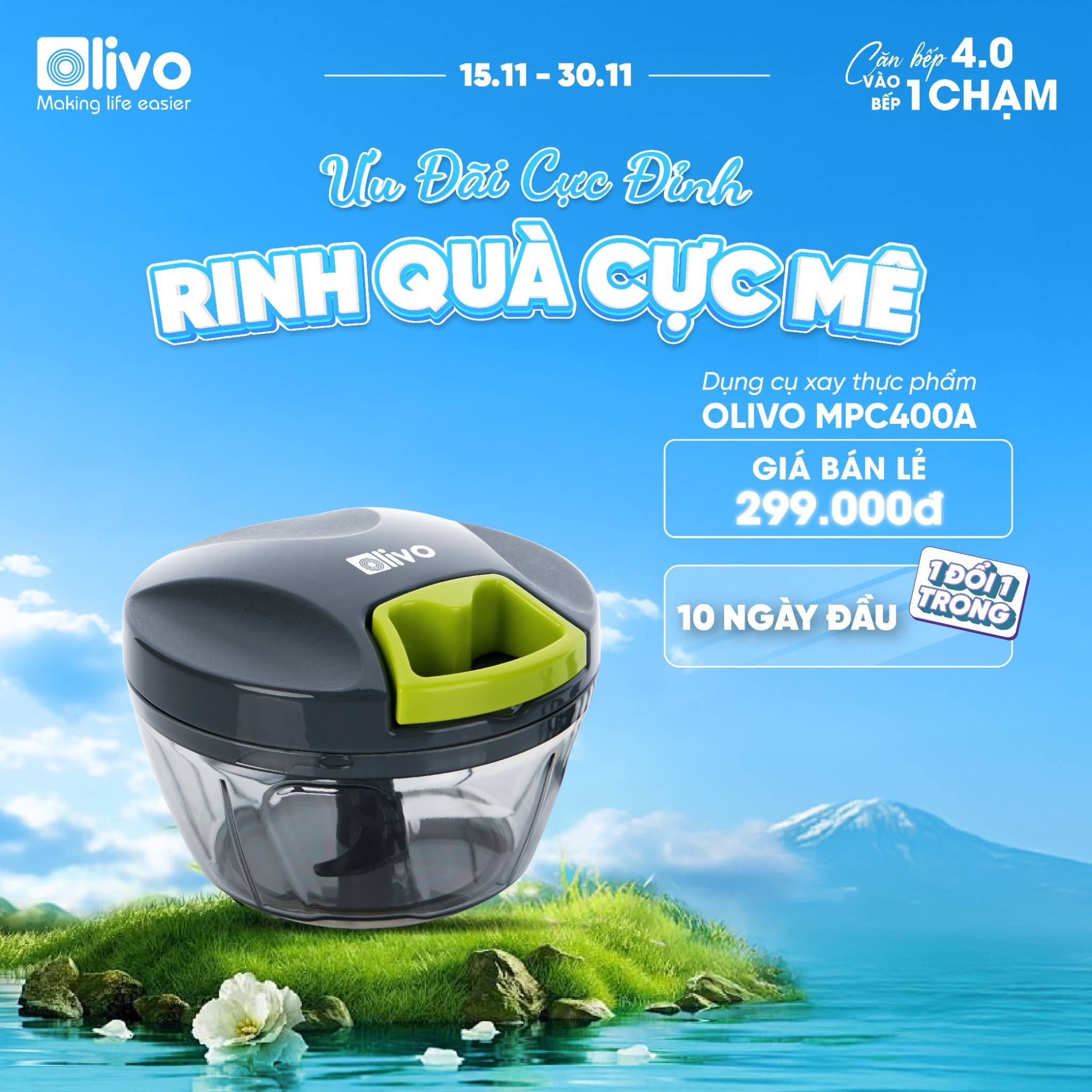 Dụng Cụ Xay Thực Phẩm Đa Năng Mini OLIVO MPC400A – Xay Tỏi Ớt, Xay Thịt, Xay Hạt Nhanh Chóng – Dây Kéo Chắc Chắn – Dung Tích 400ML – Dễ Dàng Vệ Sinh