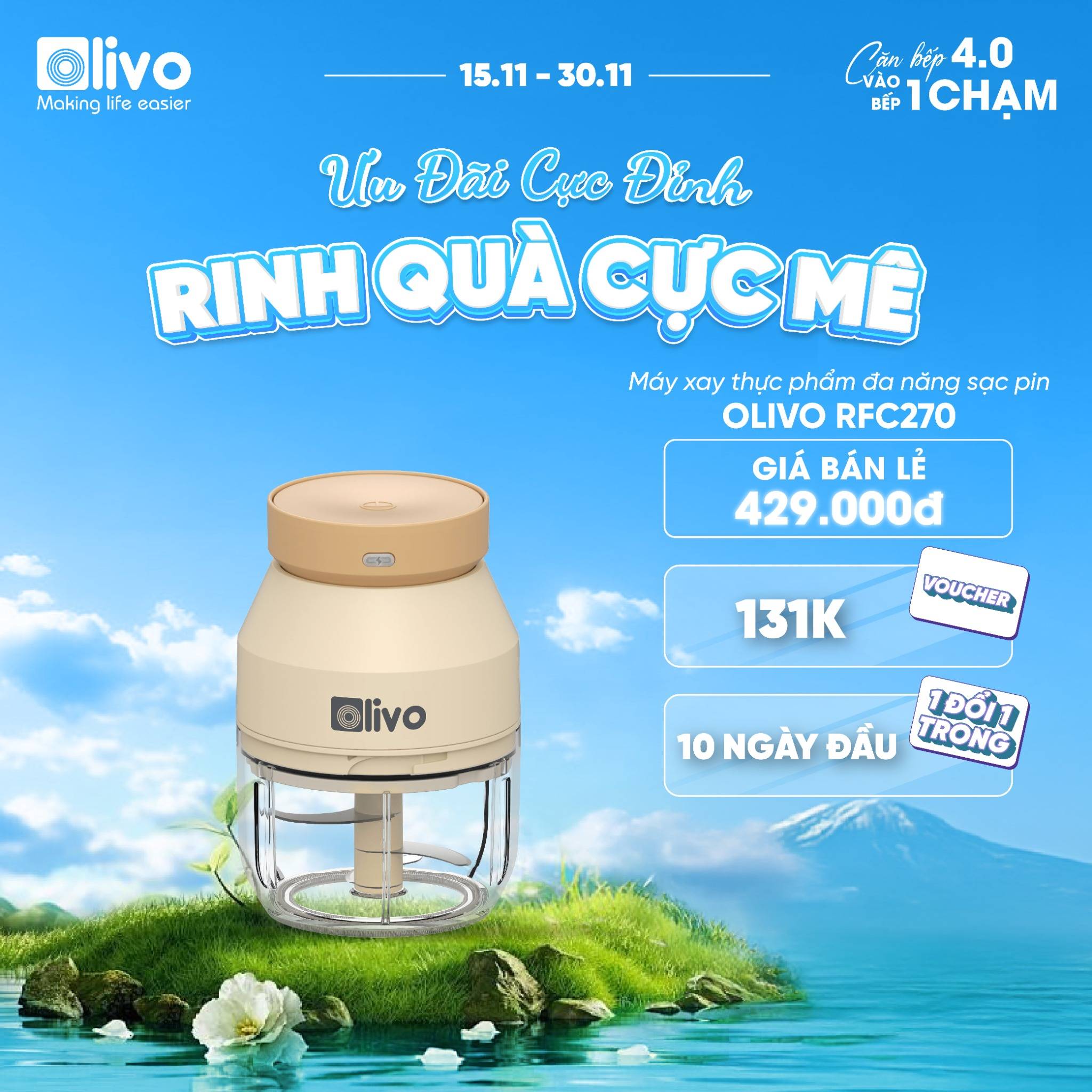 Máy Xay Thực Phẩm Đa Năng Sạc Pin OLIVO RFC270 – Xay Tỏi Ớt, Xay Thịt, Xay Hạt Tiện Lợi – Pin Sạc Bền Bỉ – Dung Tích 270ML – Dễ Dàng Vệ Sinh