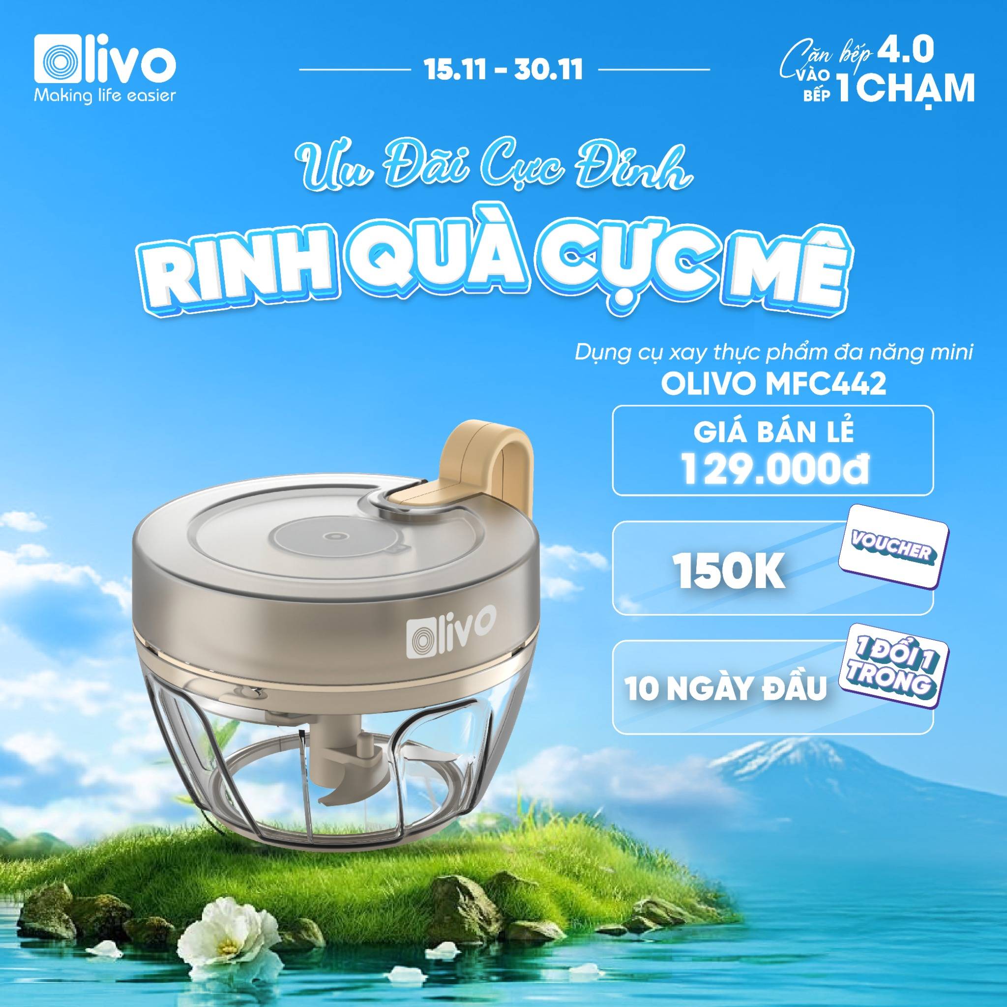 Dụng Cụ Xay Thực Phẩm Đa Năng Mini OLIVO MFC442 – Xay Tỏi Ớt, Xay Thịt, Xay Hạt Tiện Lợi – Dây Kéo Chắc Chắn – Dung Tích 400ML – Dễ Dàng Vệ Sinh
