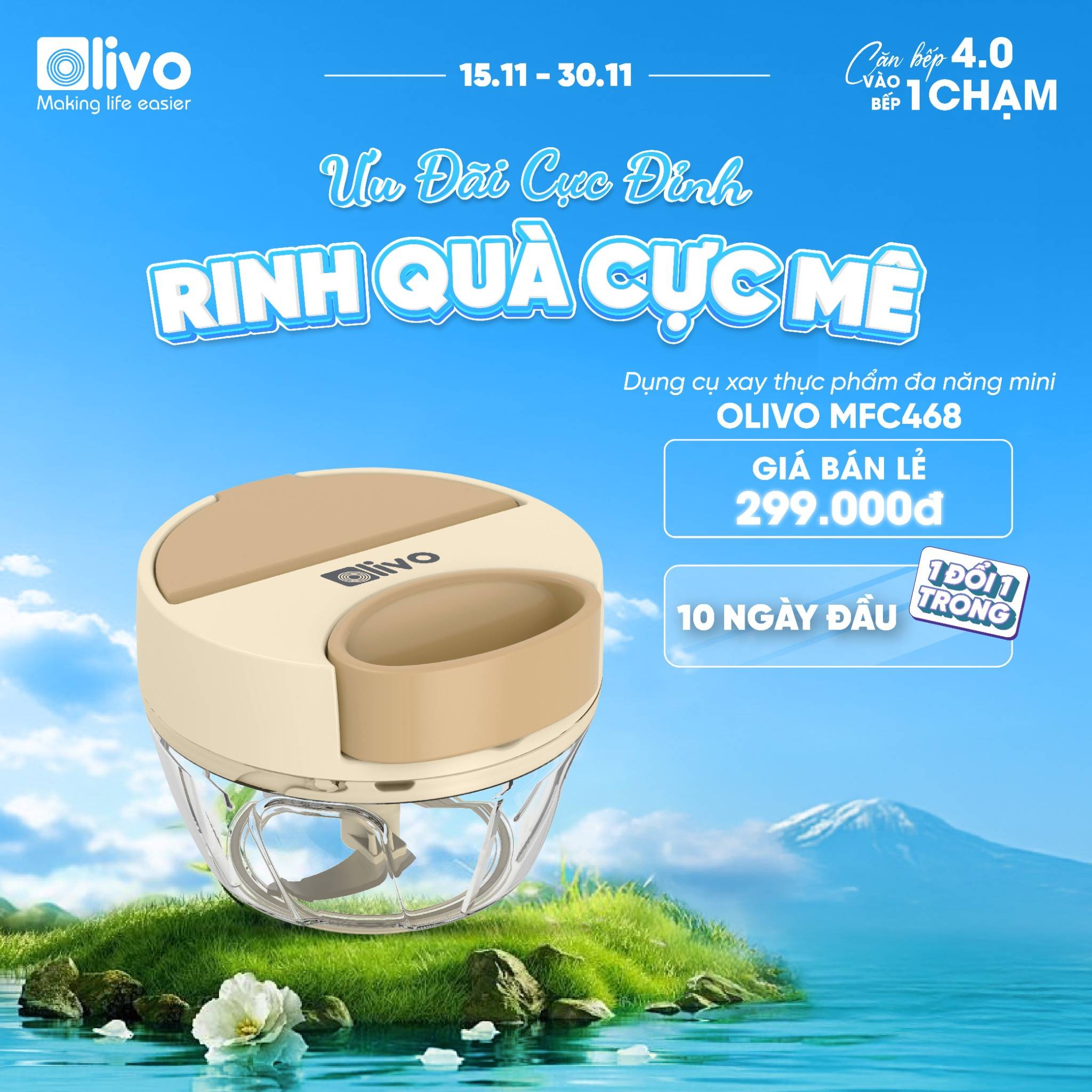 Dụng Cụ Xay Thực Phẩm Đa Năng Mini OLIVO MFC468 – Xay Tỏi Ớt, Xay Thịt, Xay Hạt Tiện Lợi – Nắp Lật Tiện Dụng - Dây Kéo Chắc Chắn – Dung Tích 400ML – Dễ Dàng Vệ Sinh