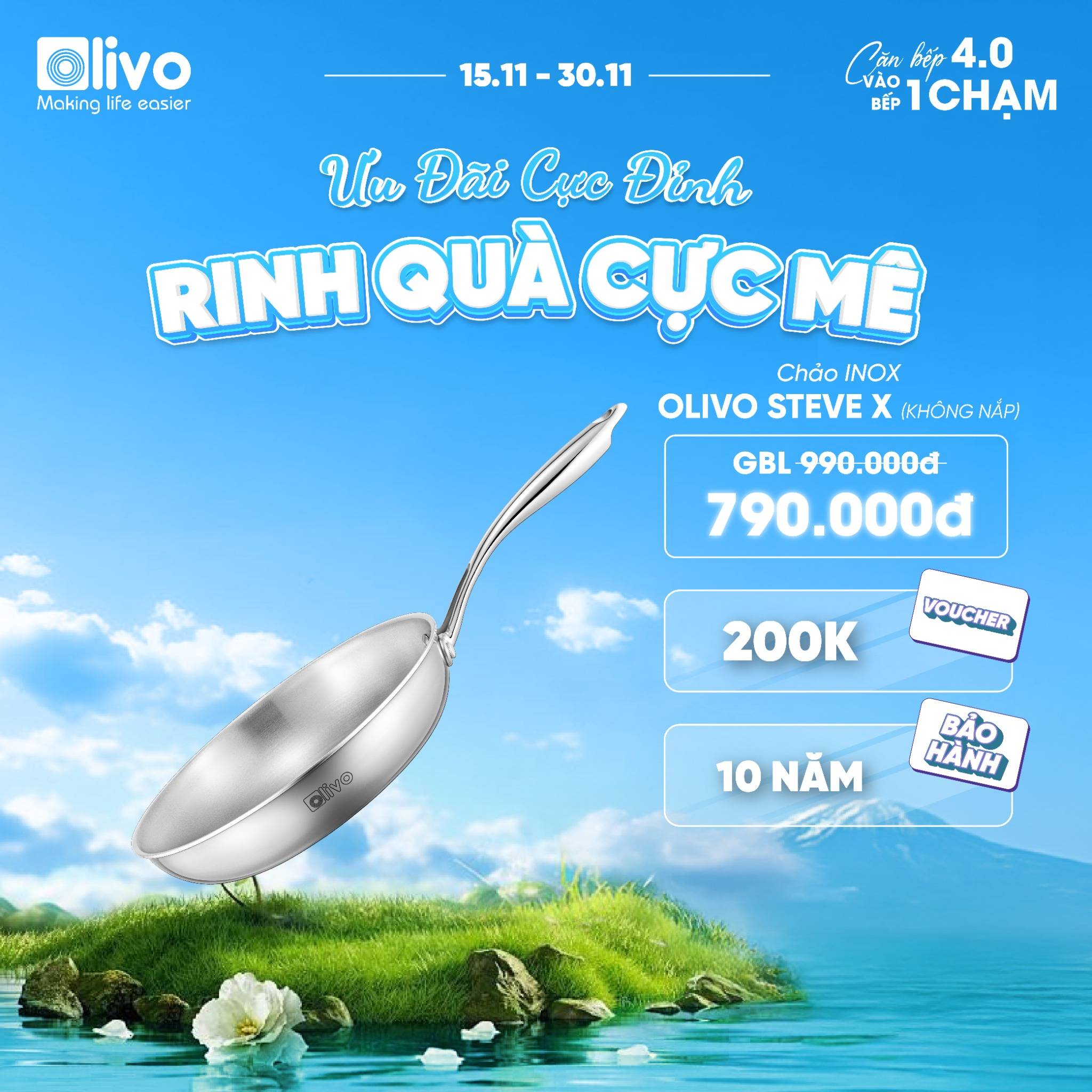 CHẢO 4 LỚP INOX OLIVO STEVE X - Chống Dính Tự Nhiên, Đường Kính 24cm – Nấu Được Trên Mọi Loại Bếp