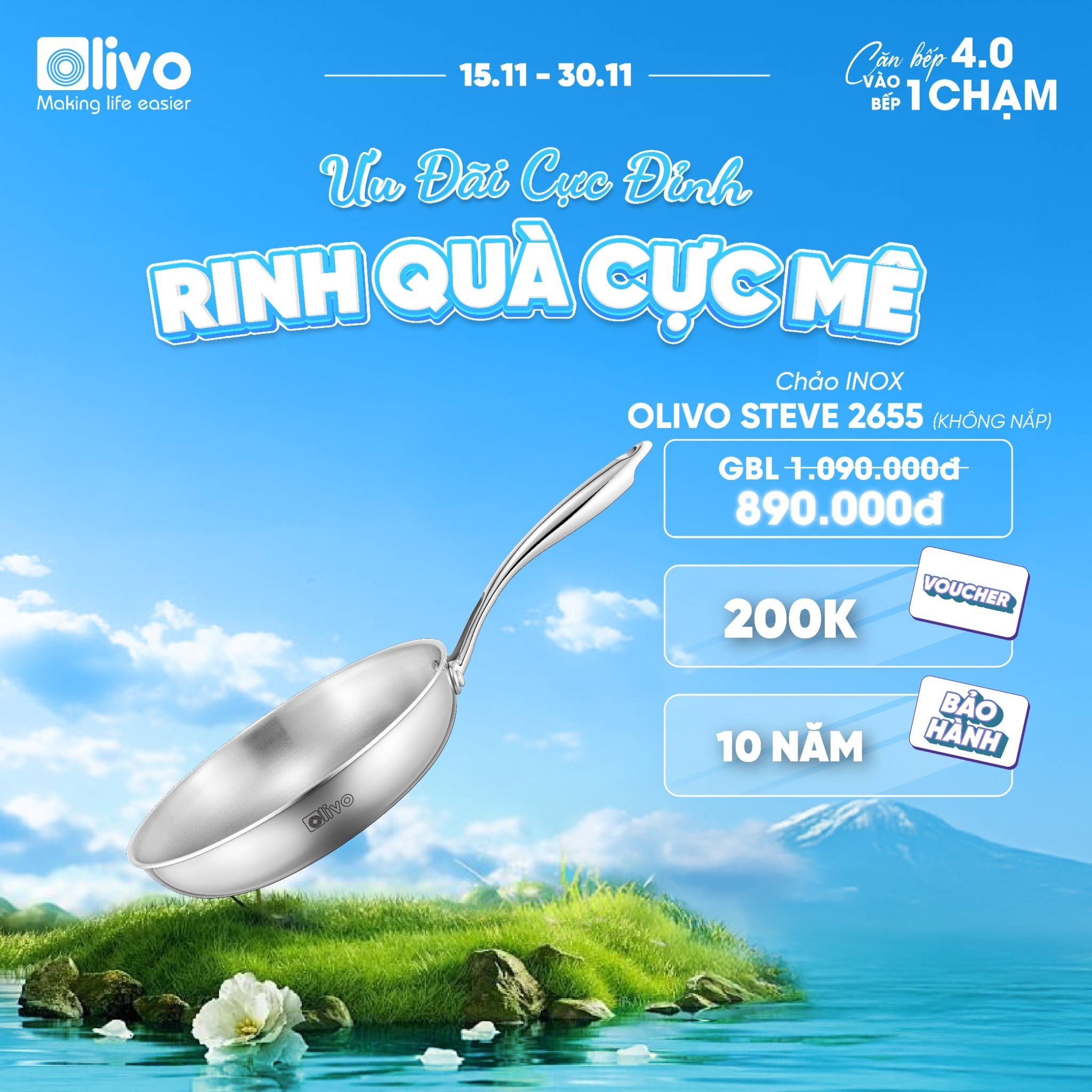 CHẢO INOX OLIVO STEVE 2655 – Chống Dính Tự Nhiên, An Toàn Cho Sức Khỏe, Đường Kính 26cm, Sâu 5.5cm, Nấu Được Trên Mọi Loại Bếp