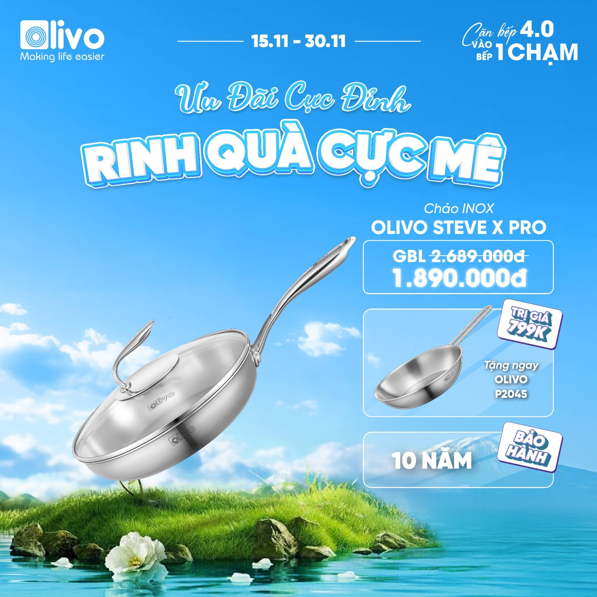 Chảo INOX OLIVO STEVE X PRO - Chống Dính Tự Nhiên, Đáy 5 Lớp, Đường Kính 24cm – Nấu Được Trên Mọi Loại Bếp